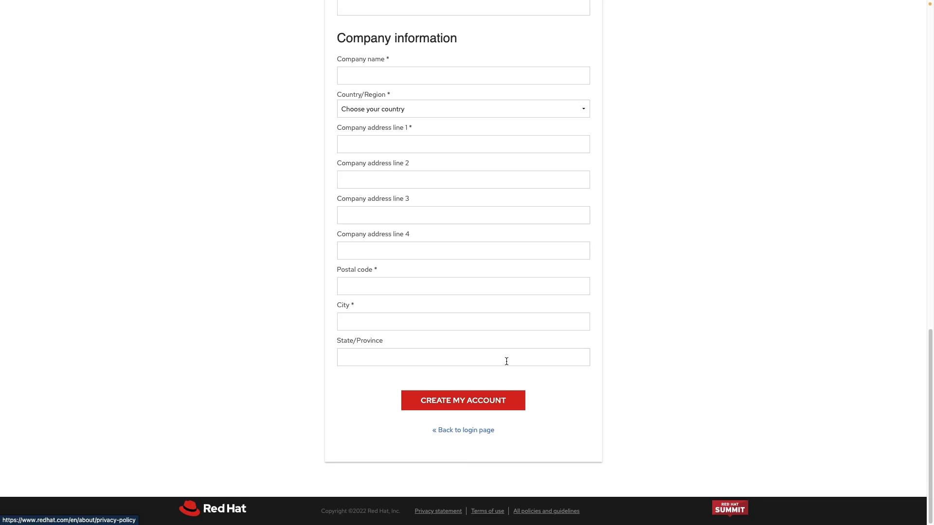 A webpage screenshot of a "Company information" account registration form with fields for company name, country, multiple address lines, postal code, city and state. A red "CREATE MY ACCOUNT" button and Red Hat branding are visible at the bottom.