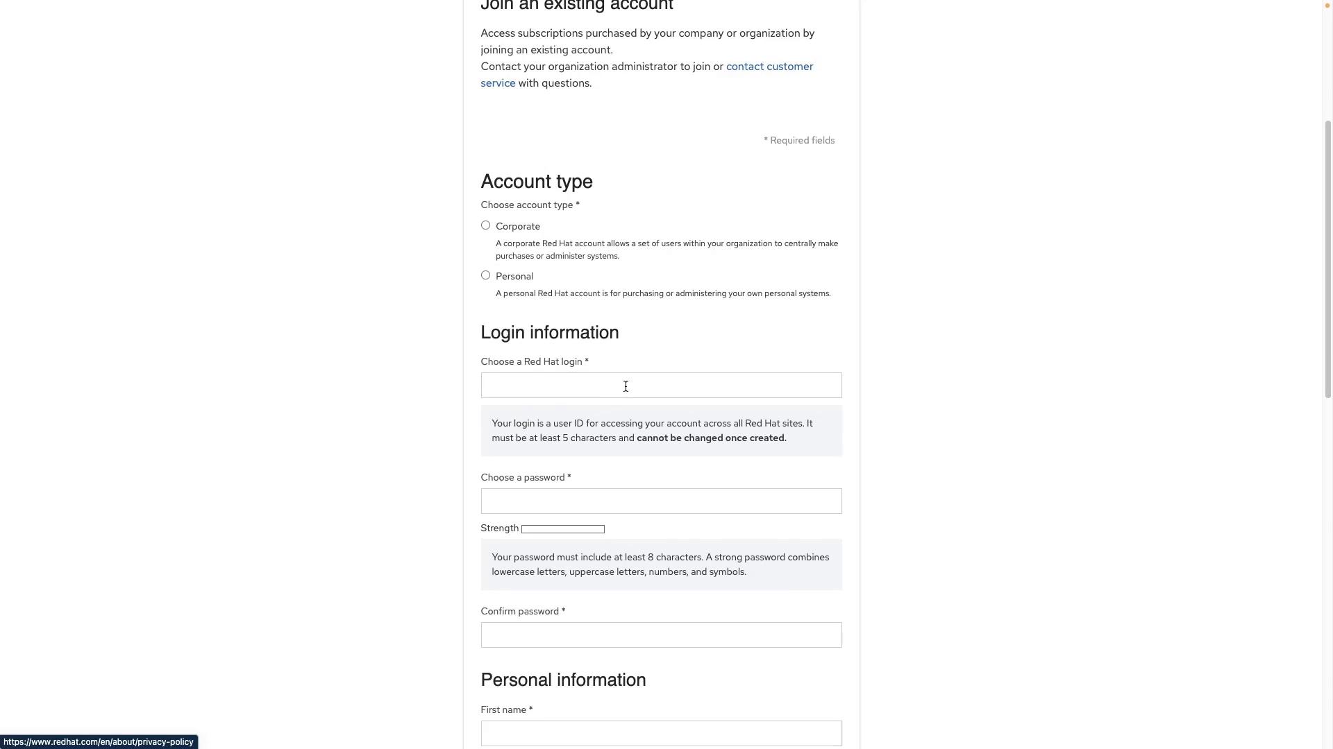 A webpage screenshot of a Red Hat account registration form. It shows account type options (Corporate/Personal) and fields for choosing a login, password, and personal information.