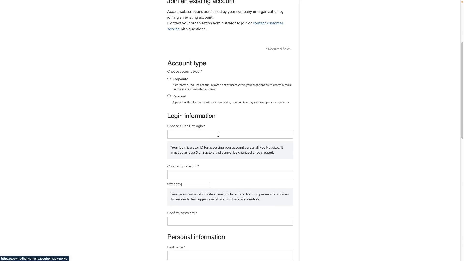 A webpage screenshot of a Red Hat account registration form. It shows account type options (Corporate/Personal) and fields for choosing a login, password, and personal information.