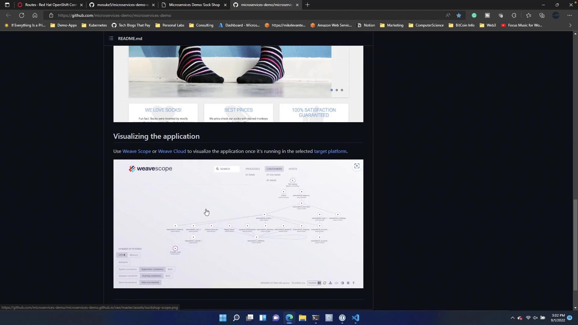 A screenshot of a GitHub README page for a microservices demo displaying a webpage header with a close-up photo of striped socks and three feature boxes, followed by a Weave Scope visualization diagram. The image shows the browser UI and tabs around the README content.