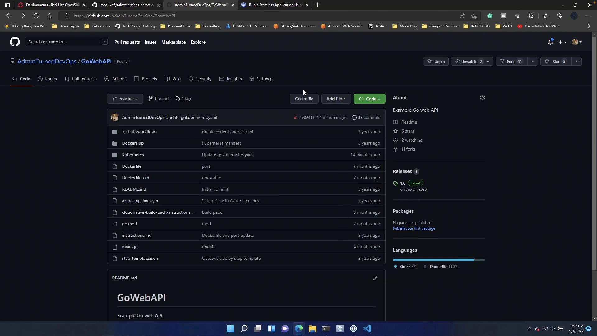 A dark-mode GitHub repository page for "AdminTurnedDevOps/GoWebAPI" showing the file list, recent commit, README preview, and repo details (branches, commits, languages). The screenshot includes the browser tabs and Windows taskbar at the bottom.