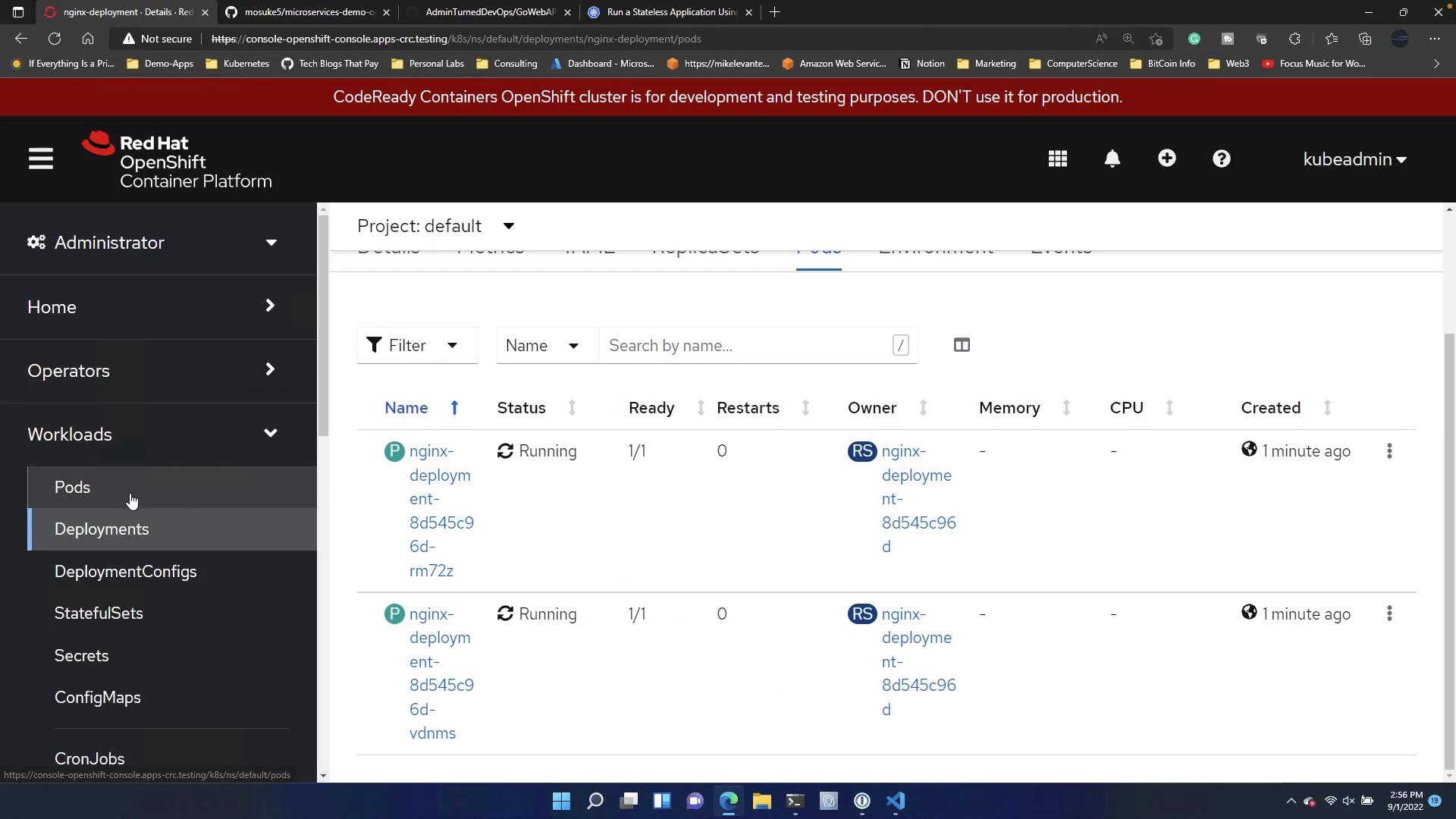 A screenshot of the Red Hat OpenShift Container Platform web console showing the "Project: default" pods/deployments view. The page lists nginx pods/deployments with status "Running" and a left-hand navigation menu (Workloads, Pods, Deployments, etc.).