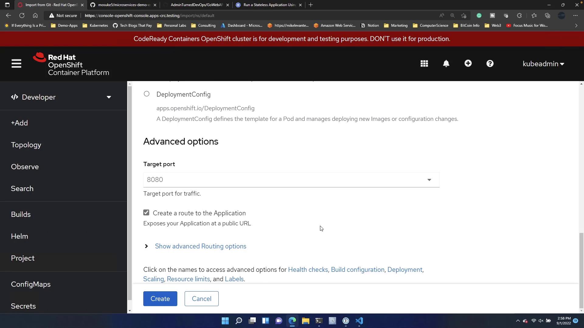 A screenshot of the Red Hat OpenShift web console showing the Developer view with the "Advanced options" panel for creating a DeploymentConfig, including a Target port set to 8080 and a checked "Create a route to the Application" option. The left sidebar lists menu items like Topology, Builds, Helm, and ConfigMaps.