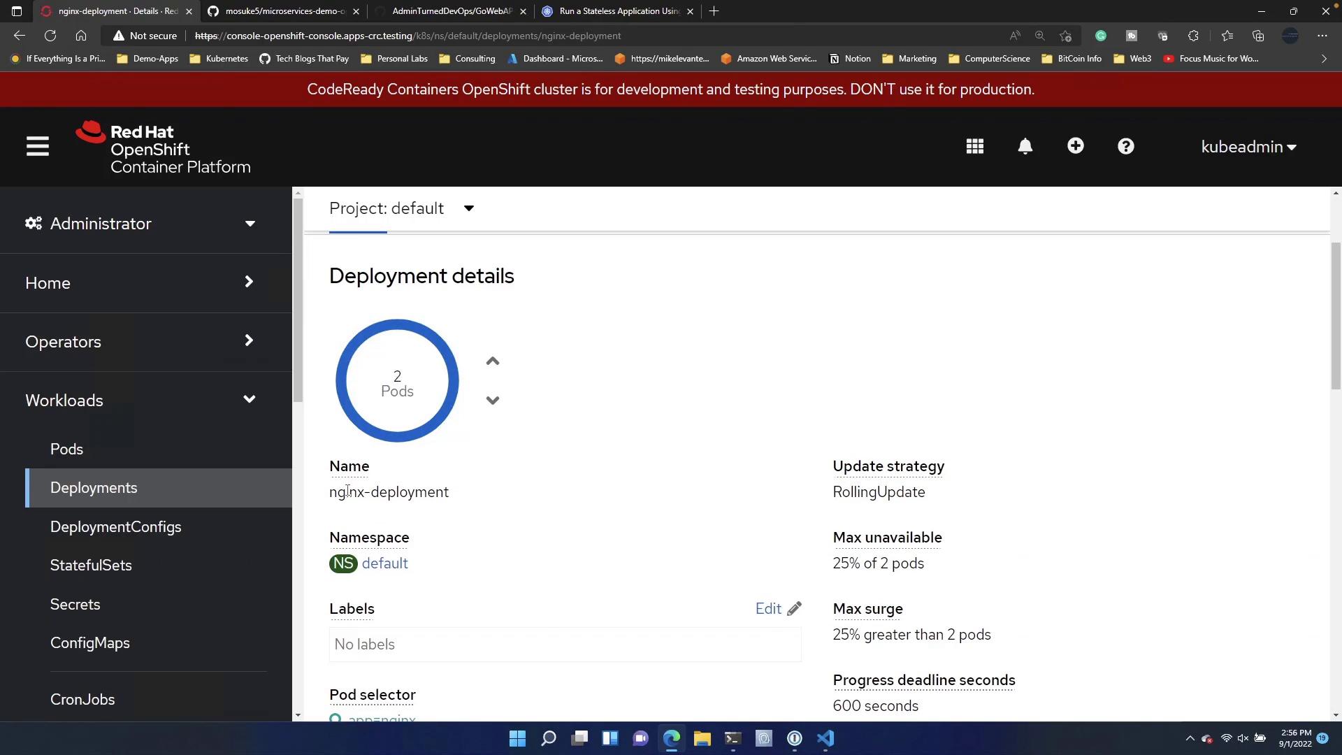 A screenshot of the Red Hat OpenShift Container Platform web console showing "Deployment details" for an nginx-deployment in the default project with 2 pods. The left sidebar shows the Administrator menu with Workloads → Deployments selected.