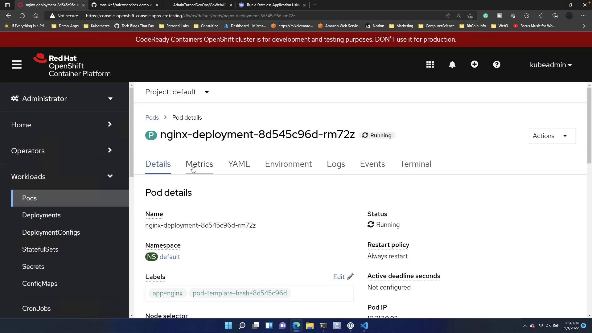 A screenshot of the Red Hat OpenShift Container Platform web console showing the Pod details page for "nginx-deployment-8d545c96d-rm72z" with its status marked Running. The left navigation lists workloads (Pods, Deployments, etc.) and the top tabs show Details, Metrics, YAML, Environment, Logs, Events, and Terminal.