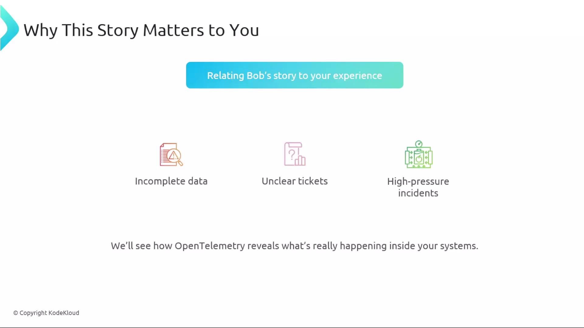 The image highlights why a story matters, relating it to incomplete data, unclear tickets, and high-pressure incidents, and references OpenTelemetry's ability to reveal system insights.