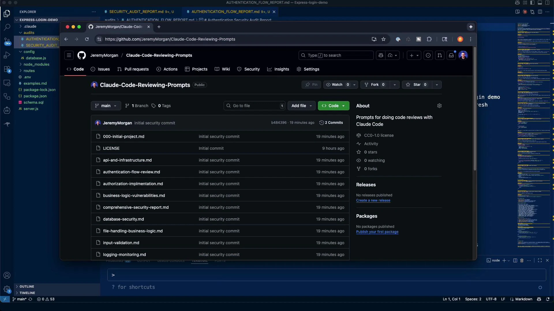 A desktop screenshot showing a browser window open to a GitHub repository called "Claude-Code-Reviewing-Prompts" with a list of Markdown files and commit info. A code editor with project files is visible in the background.