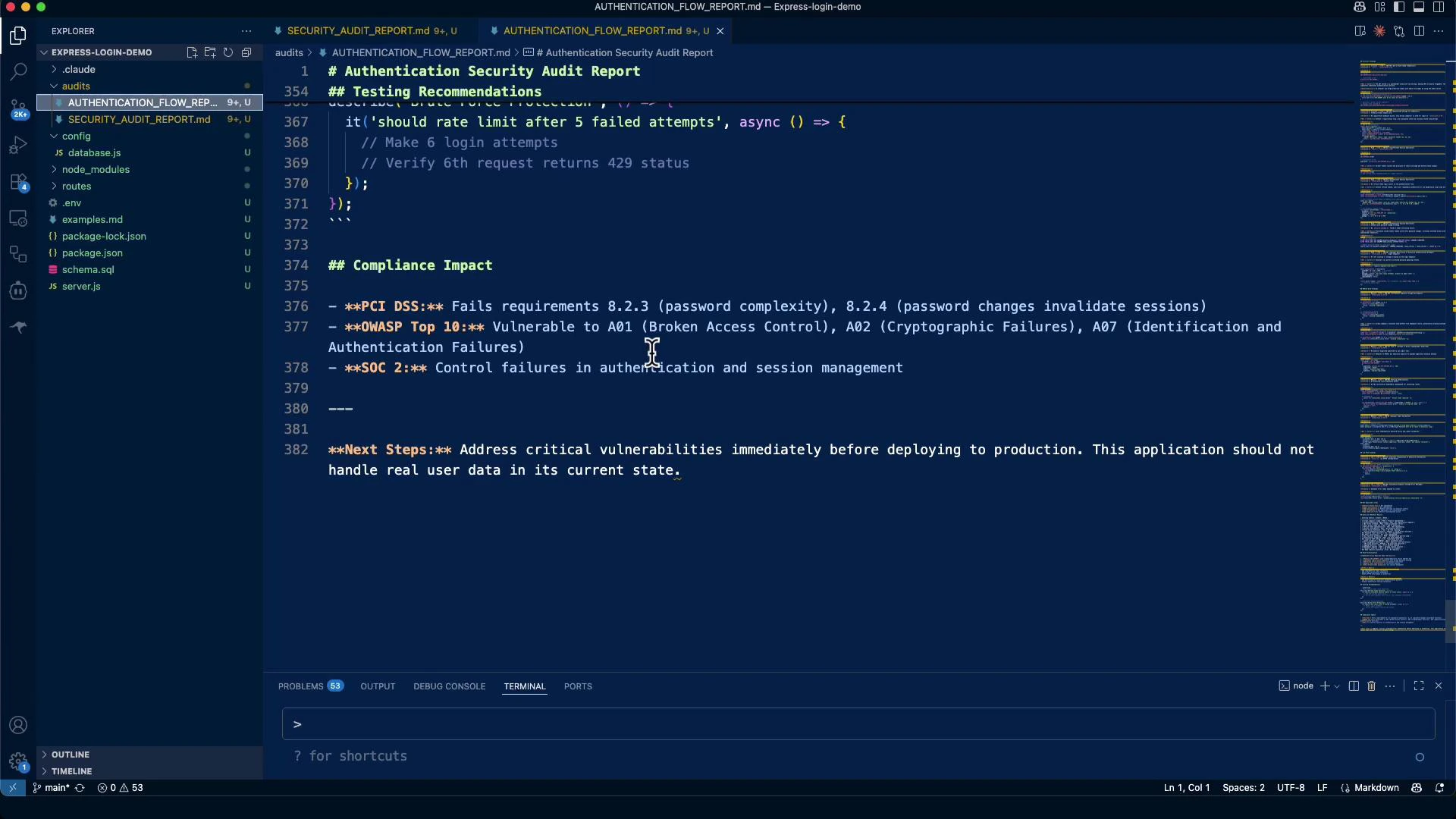 A VS Code window displaying an "Authentication Security Audit Report" Markdown file with sections like "Compliance Impact" and "Next Steps" listing PCI DSS, OWASP, and SOC issues. The project explorer, file tree, terminal and minimap are visible in a dark-themed editor.