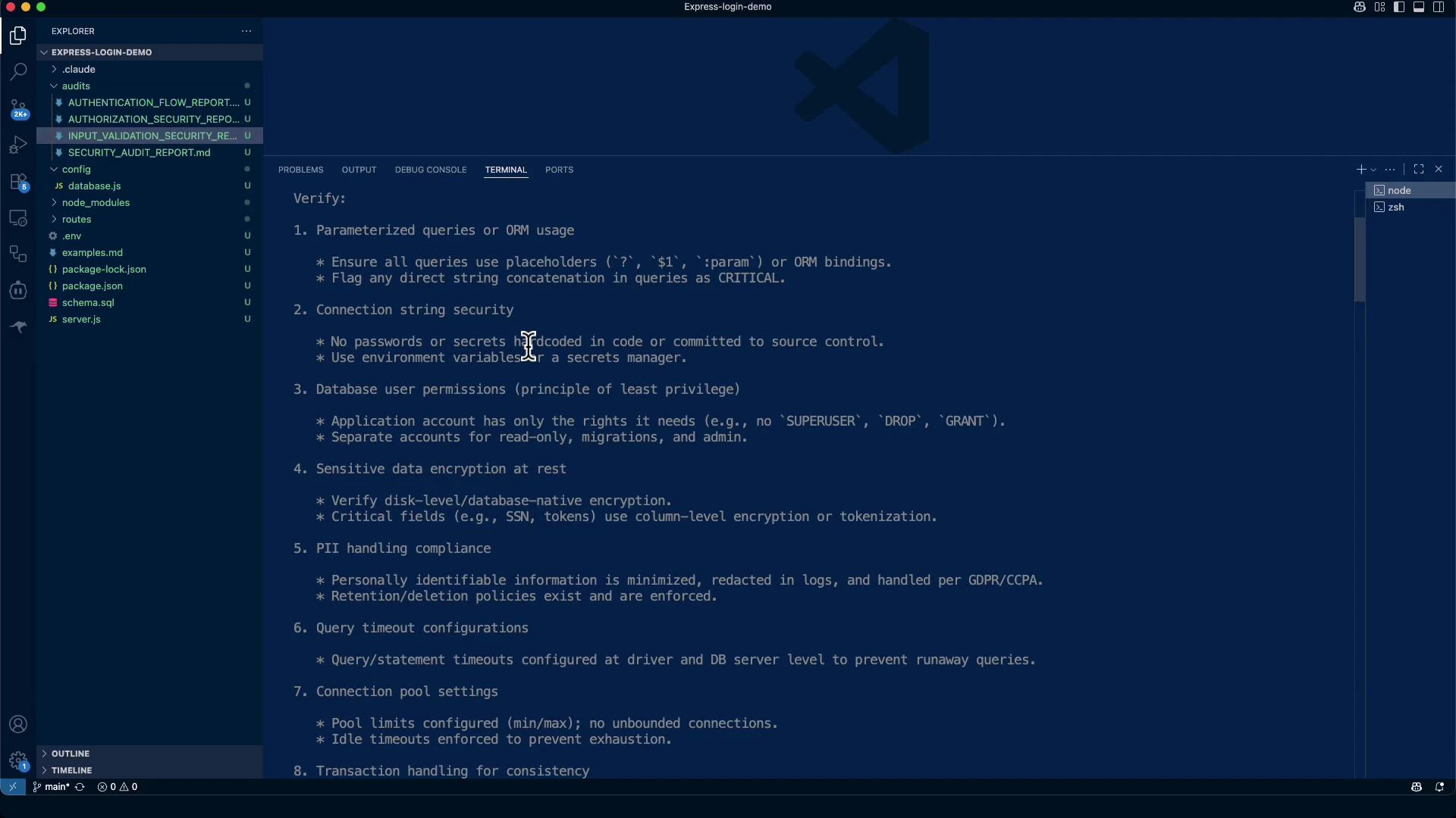 A dark-themed Visual Studio Code window with a file explorer on the left and a central terminal/editor pane showing a database security checklist (parameterized queries, connection string security, user permissions, encryption, PII handling, timeouts, connection pool settings, etc.). The project file tree and a highlighted security report file are visible in the sidebar.
