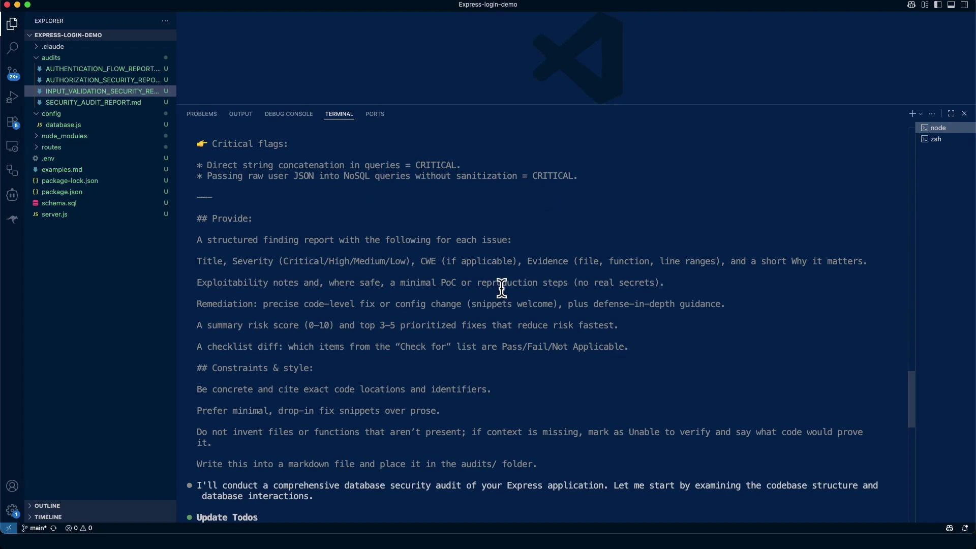 A dark-themed Visual Studio Code window showing a project explorer on the left and an editor/terminal pane with a security-audit checklist for an Express app in the center. The text highlights critical flags (e.g., direct string concatenation) and lists a structured findings/report template.
