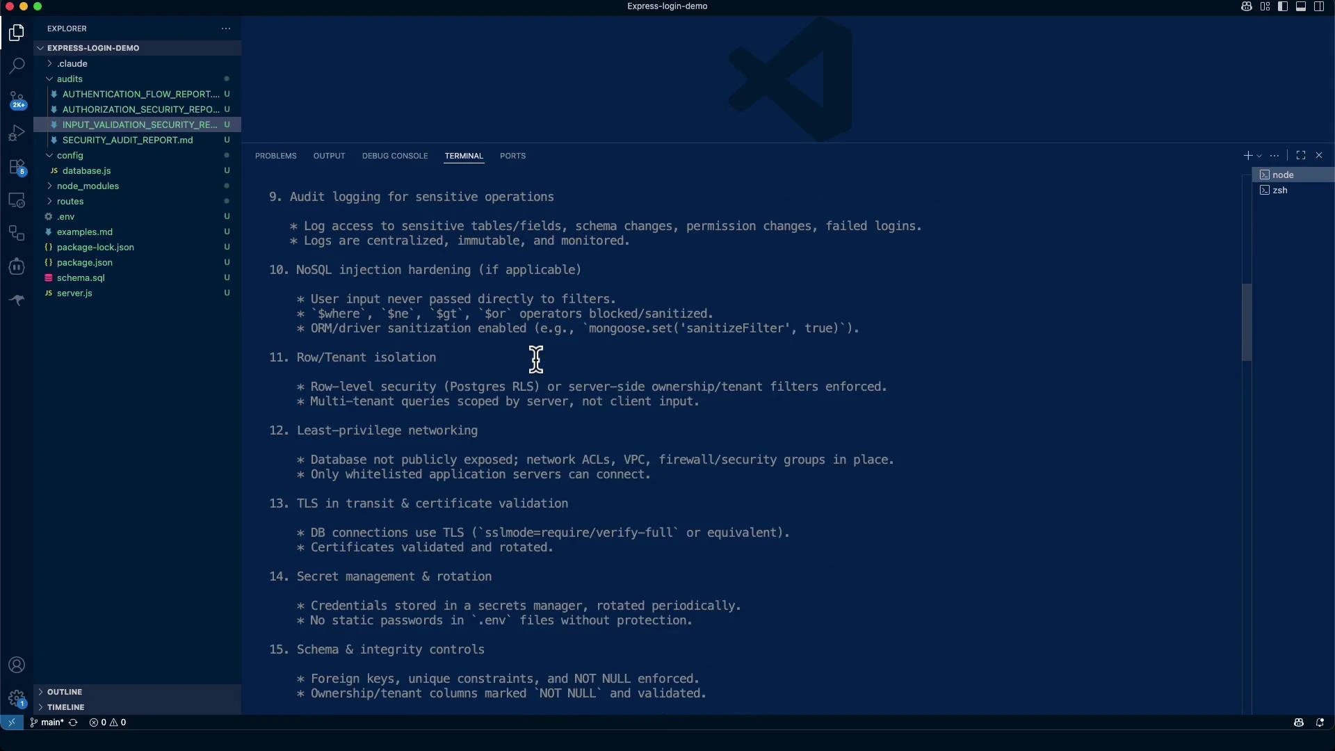 A Visual Studio Code window with the explorer on the left and a text file open in the main pane. The file shows a numbered security checklist covering items like audit logging, NoSQL injection hardening, row/tenant isolation, TLS, secret management, and schema controls.
