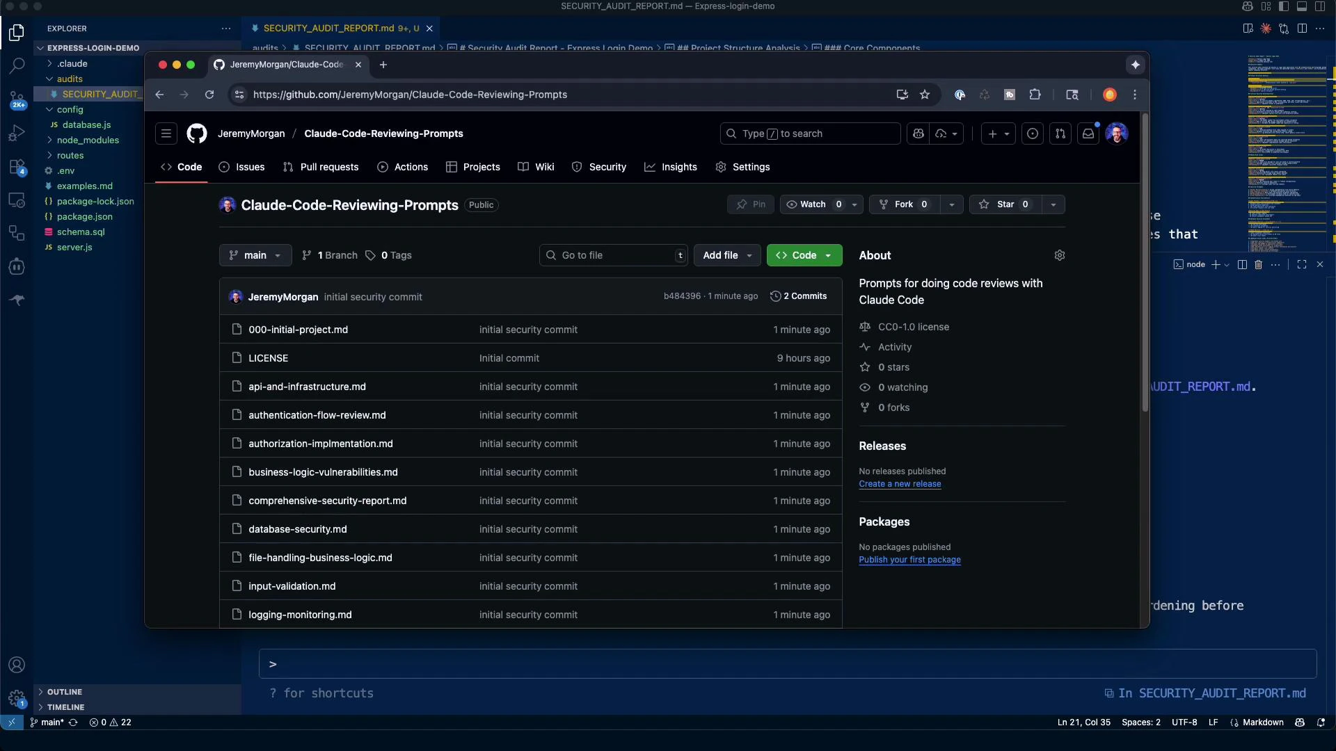 A dark-themed desktop screenshot showing a browser window open to a code-hosting repository page listing Markdown files and recent commits. Behind it is a code editor with a project file tree and an open security audit Markdown file.