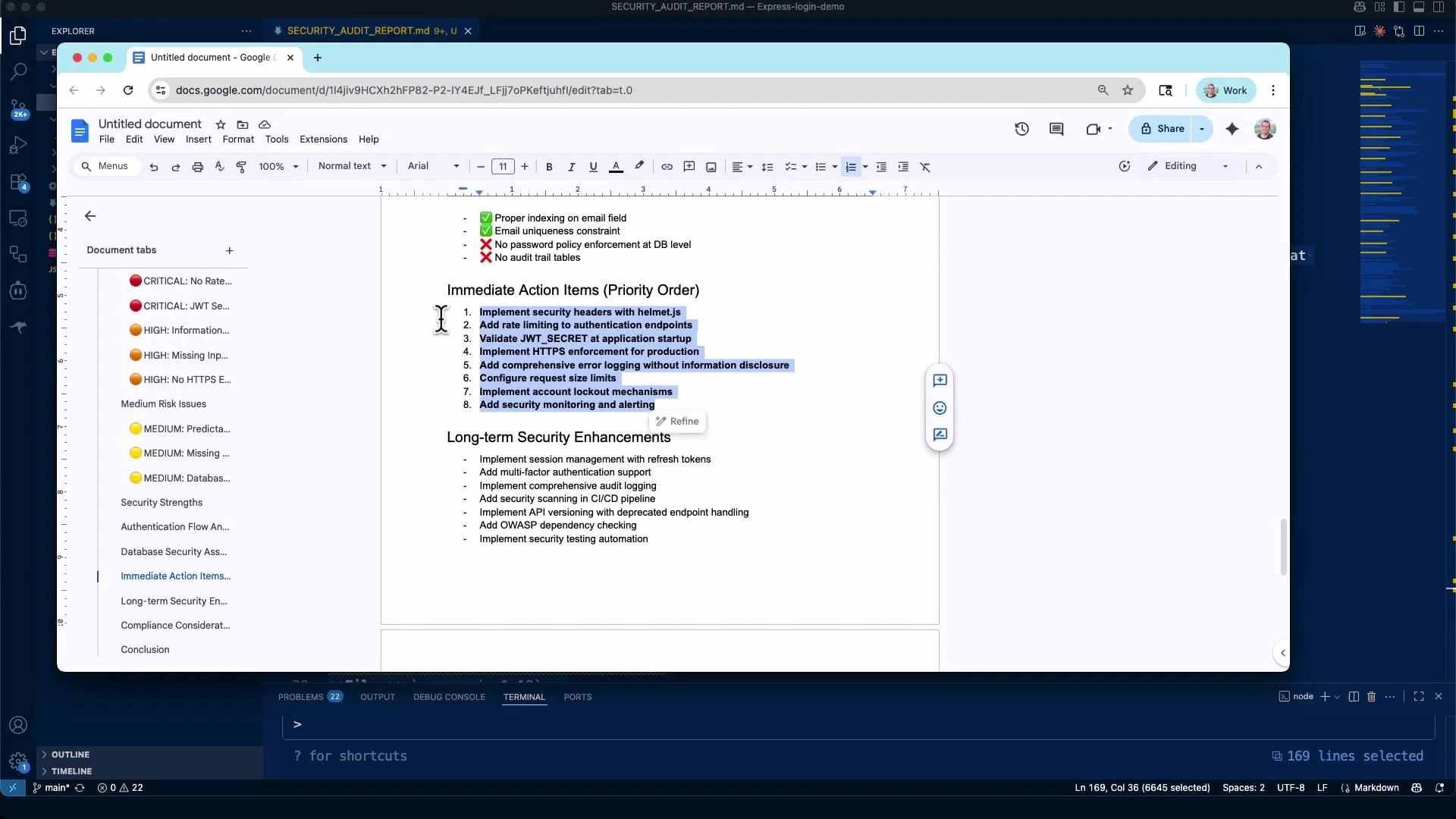 A screenshot of a computer desktop showing a Google Docs window with a security audit report open, highlighting "Immediate Action Items" like implementing security headers, rate limiting, and HTTPS enforcement. The left sidebar shows document tabs and risk indicators, and a code editor/IDE is visible in the background.