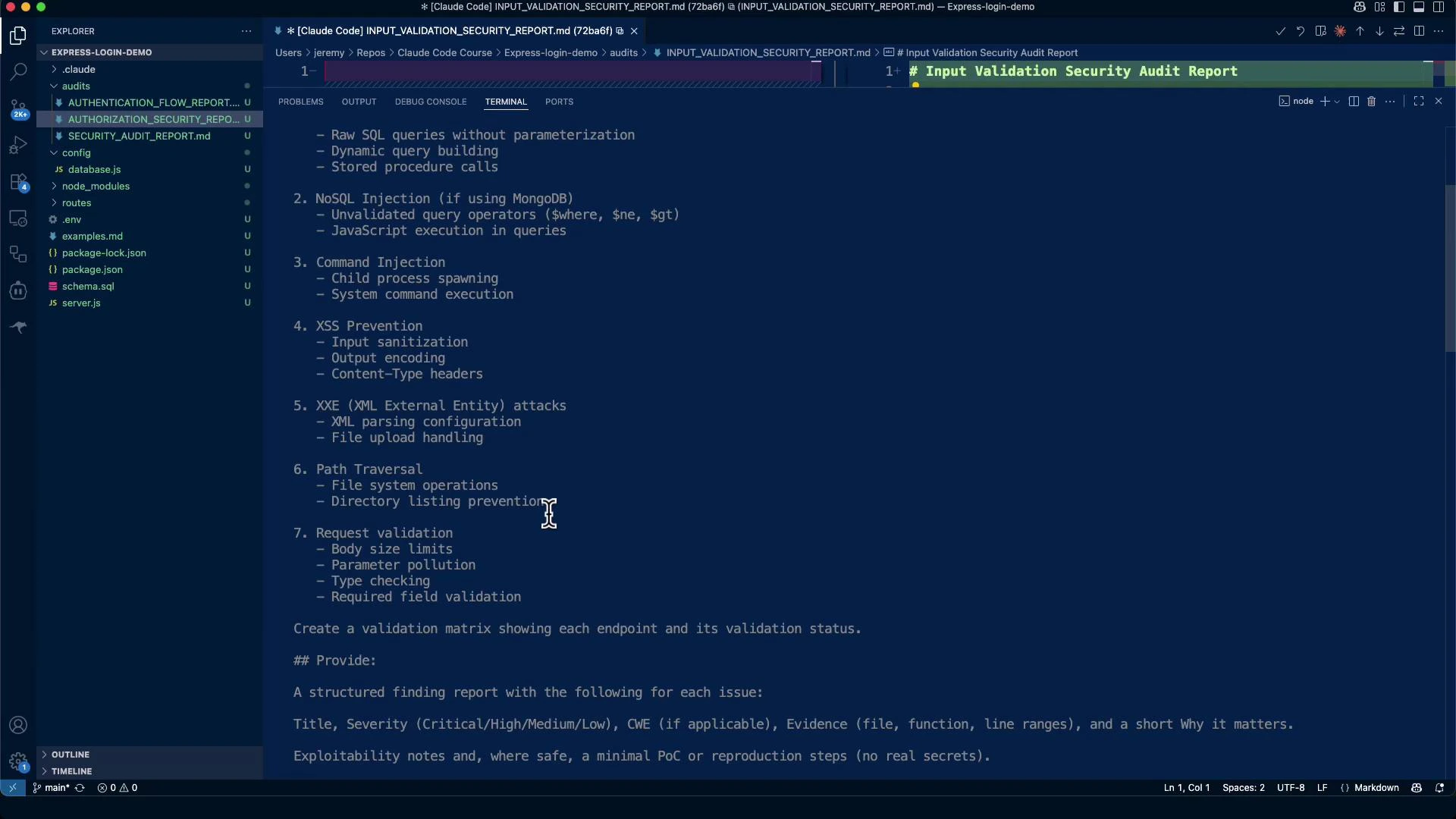 A screenshot of a code editor (VS Code) with a file tree on the left and an open Markdown file titled "Input Validation Security Audit Report" listing security issues like SQL/NoSQL injection, command injection, XSS, XXE, path traversal, and request validation. The editor uses a dark blue theme.