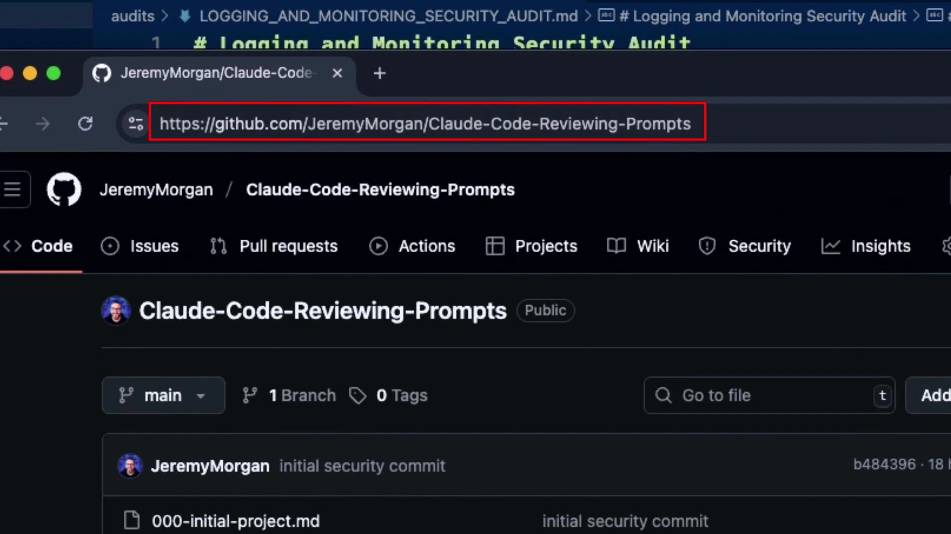 A screenshot of a GitHub repository page showing "JeremyMorgan / Claude-Code-Reviewing-Prompts," with the repository URL (https://github.com/JeremyMorgan/Claude-Code-Reviewing-Prompts) highlighted in the browser address bar.