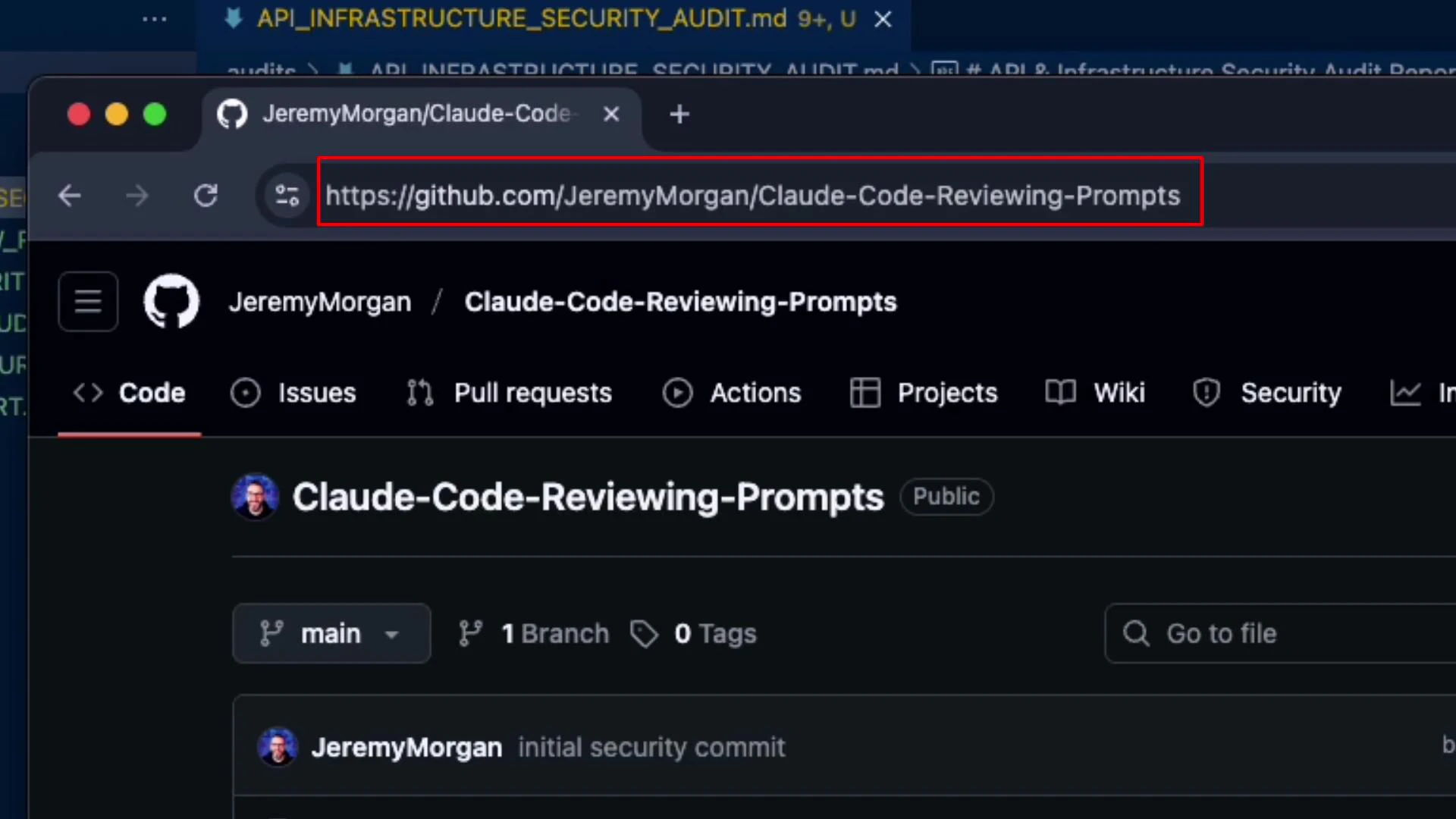 A browser screenshot of a GitHub repository page titled "Claude-Code-Reviewing-Prompts" with the address bar URL highlighted. The page shows the Code tab, branch/tag info and a recent commit entry.