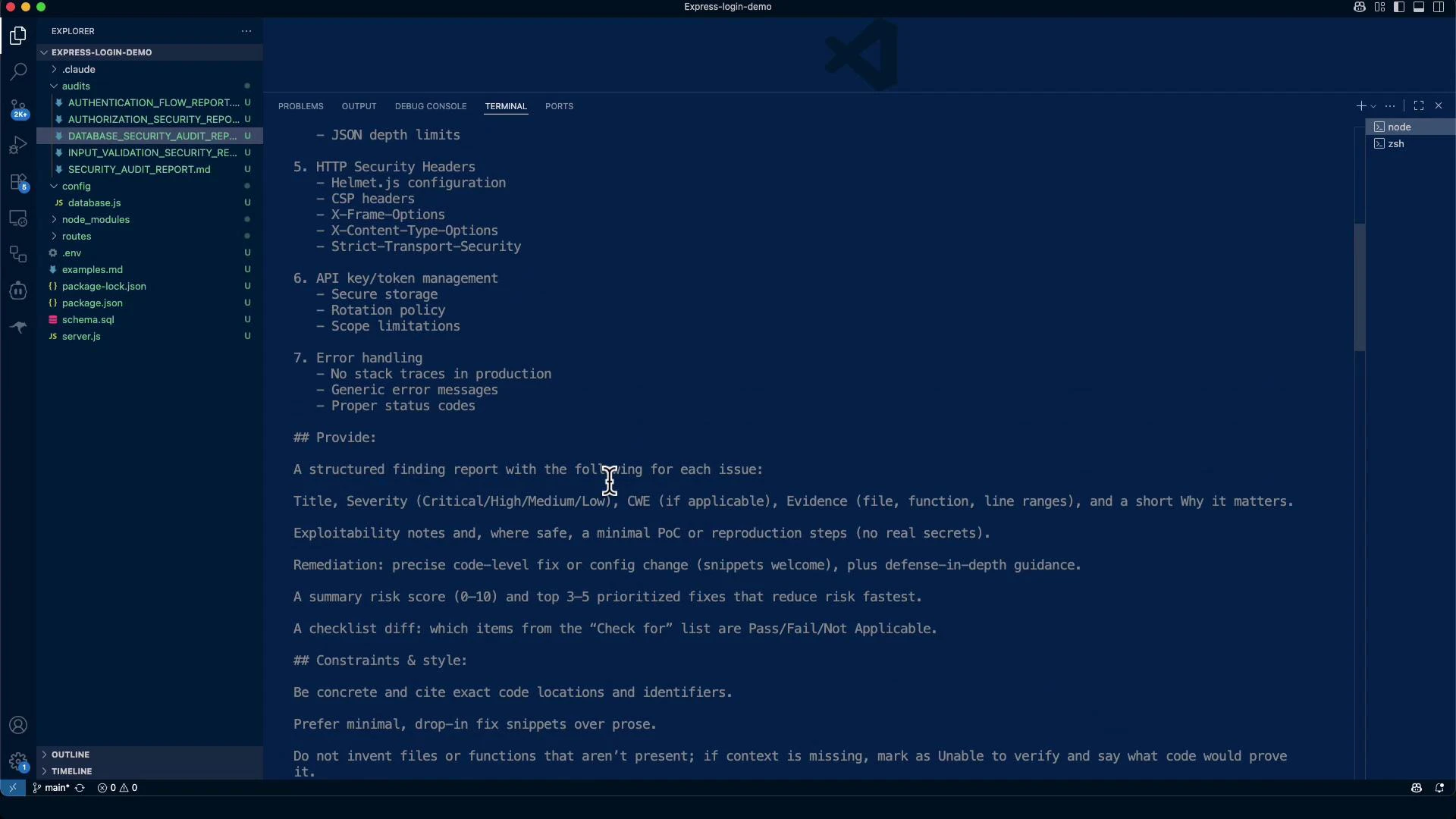 A screenshot of Visual Studio Code open to an "express-login-demo" project. The left sidebar shows the file explorer and the main pane displays a security-audit/checklist text file.