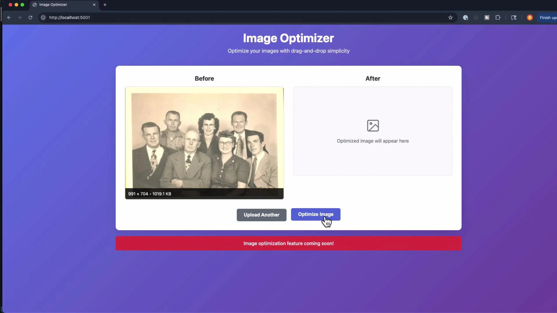 A screenshot of an "Image Optimizer" webpage showing a vintage black-and-white family portrait in the "Before" pane and an empty "After" pane with an "Optimize Image" button highlighted. The interface sits on a purple gradient background with a red notice bar along the bottom.