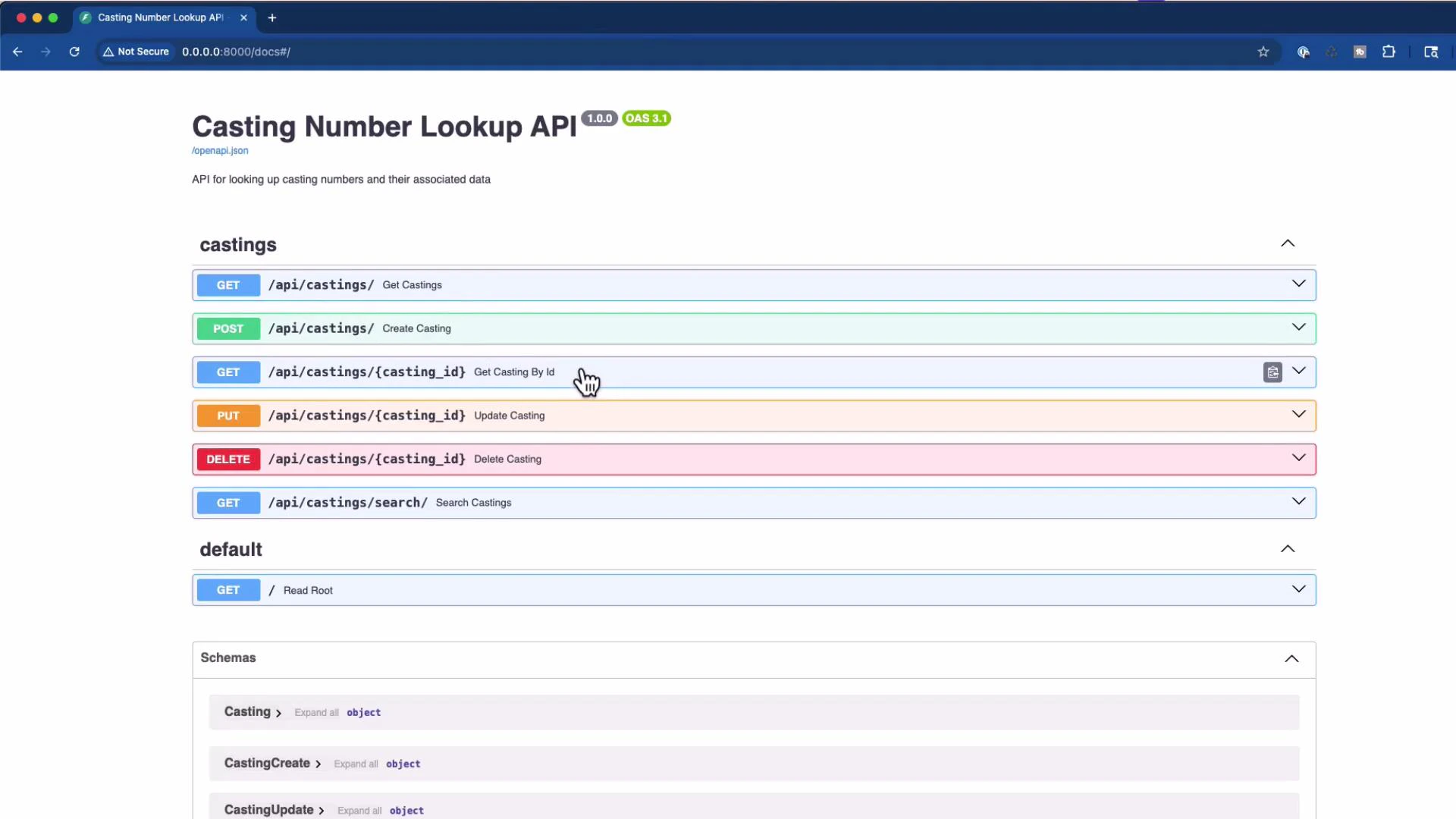 A screenshot of a web-based API documentation page (Swagger/OpenAPI) titled "Casting Number Lookup API," showing colored endpoint entries (GET, POST, PUT, DELETE) for /api/castings/ and related routes. The page also shows a default root GET and a Schemas section listing casting-related objects.