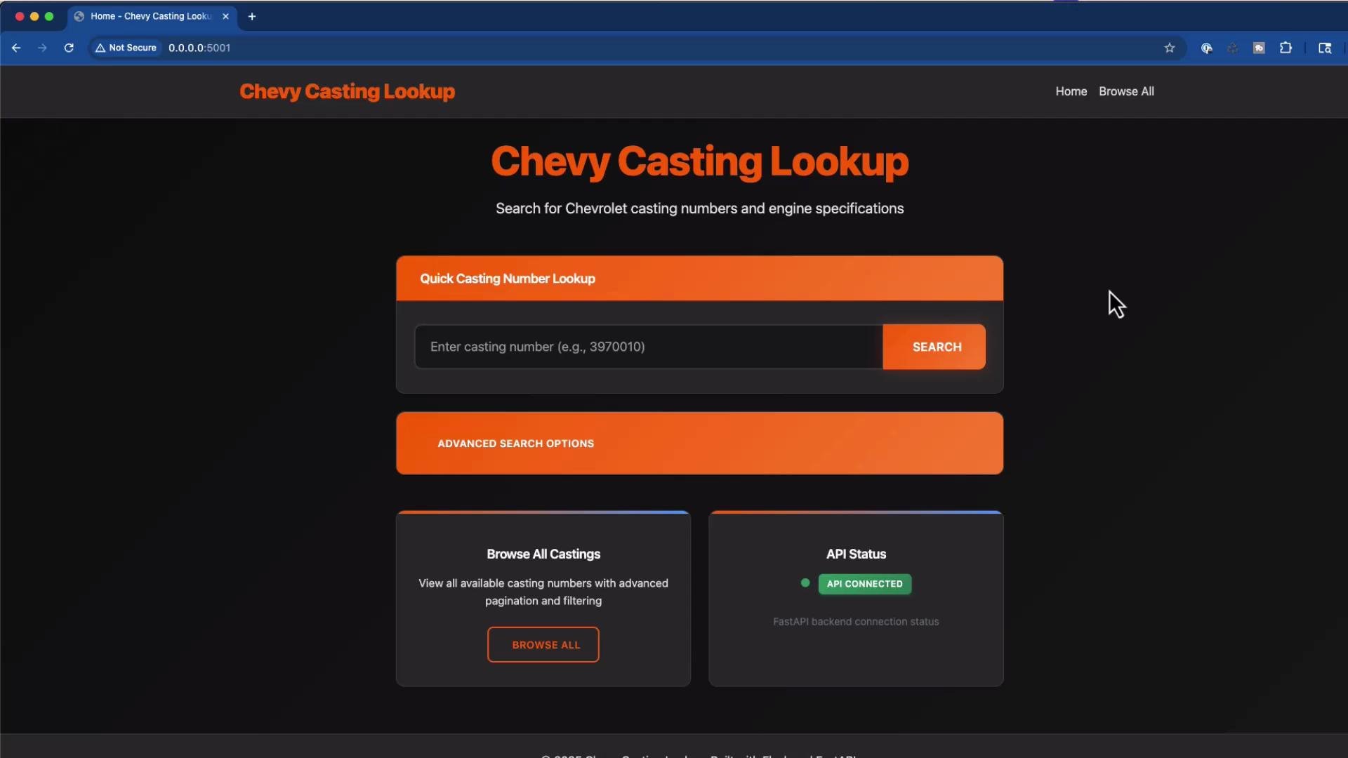 A dark-themed webpage titled "Chevy Casting Lookup" with a prominent search box to enter casting numbers, an "Advanced Search Options" button, and a "Browse All Castings" card. An API status panel shows "API Connected" and there are navigation links at the top.