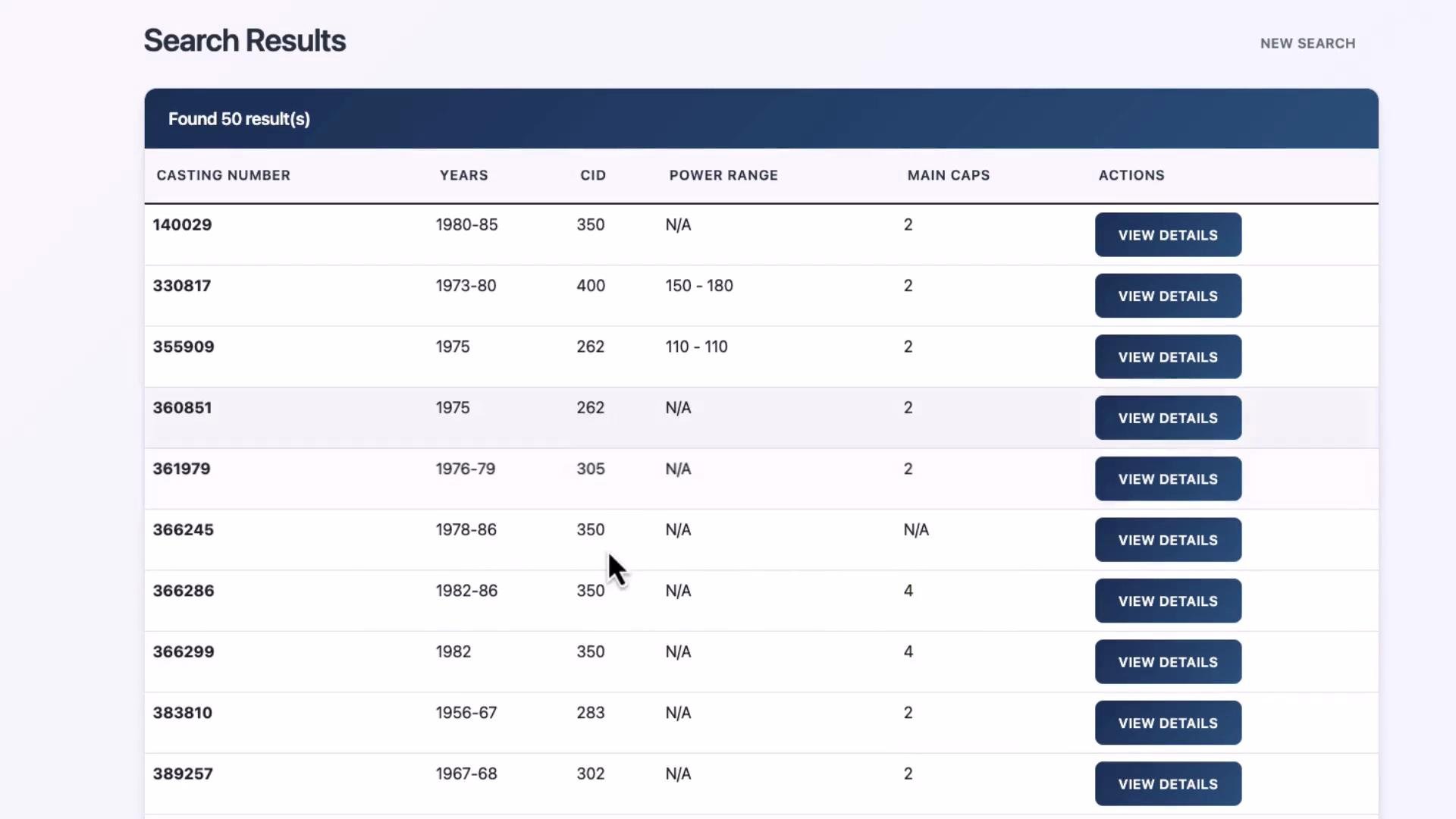 A webpage screenshot showing a search-results table with columns for casting number, years, CID, power range, main caps, and action buttons labeled "VIEW DETAILS." The header indicates "Found 50 result(s)."