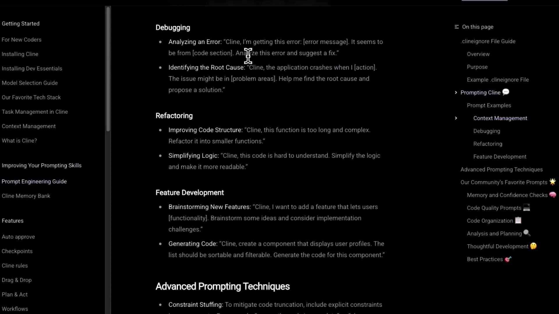 A dark-themed documentation or help page with a left navigation menu and a right “On this page” outline. The main content lists sections like Debugging, Refactoring, Feature Development, and Advanced Prompting Techniques.