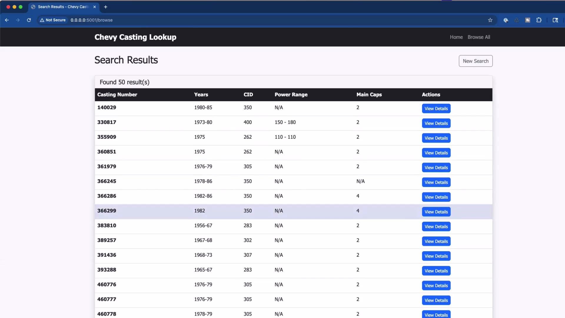 A screenshot of a "Chevy Casting Lookup" web page showing search results in a table with columns for casting number, years, CID, power range, main caps, and action buttons. The header shows "Found 50 result(s)" and each row has a blue "View Details" button.