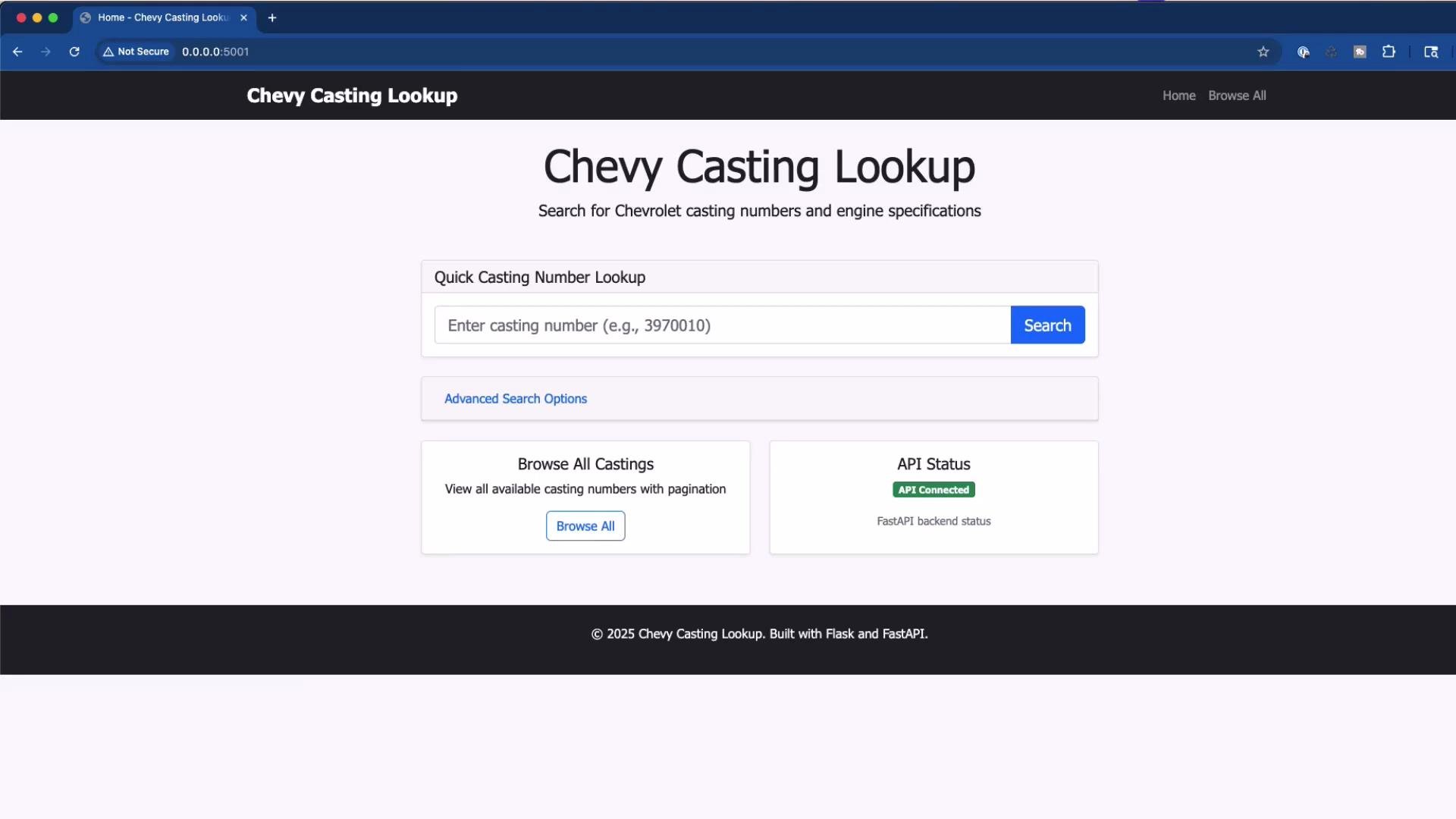 A webpage titled "Chevy Casting Lookup" with a search box to enter casting numbers, buttons for advanced search and browsing all castings, and an API status indicator.