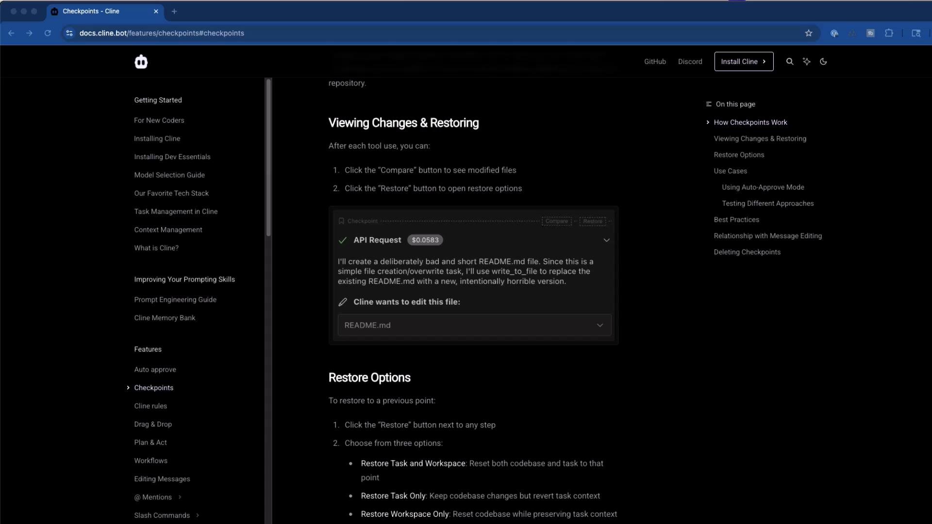 A dark-mode screenshot of a documentation webpage (docs.cline.bot) showing the "Viewing Changes & Restoring" and "Restore Options" sections, with a central content area and navigation menus on the left and right. The page includes an embedded UI mockup for an API request and file restore.