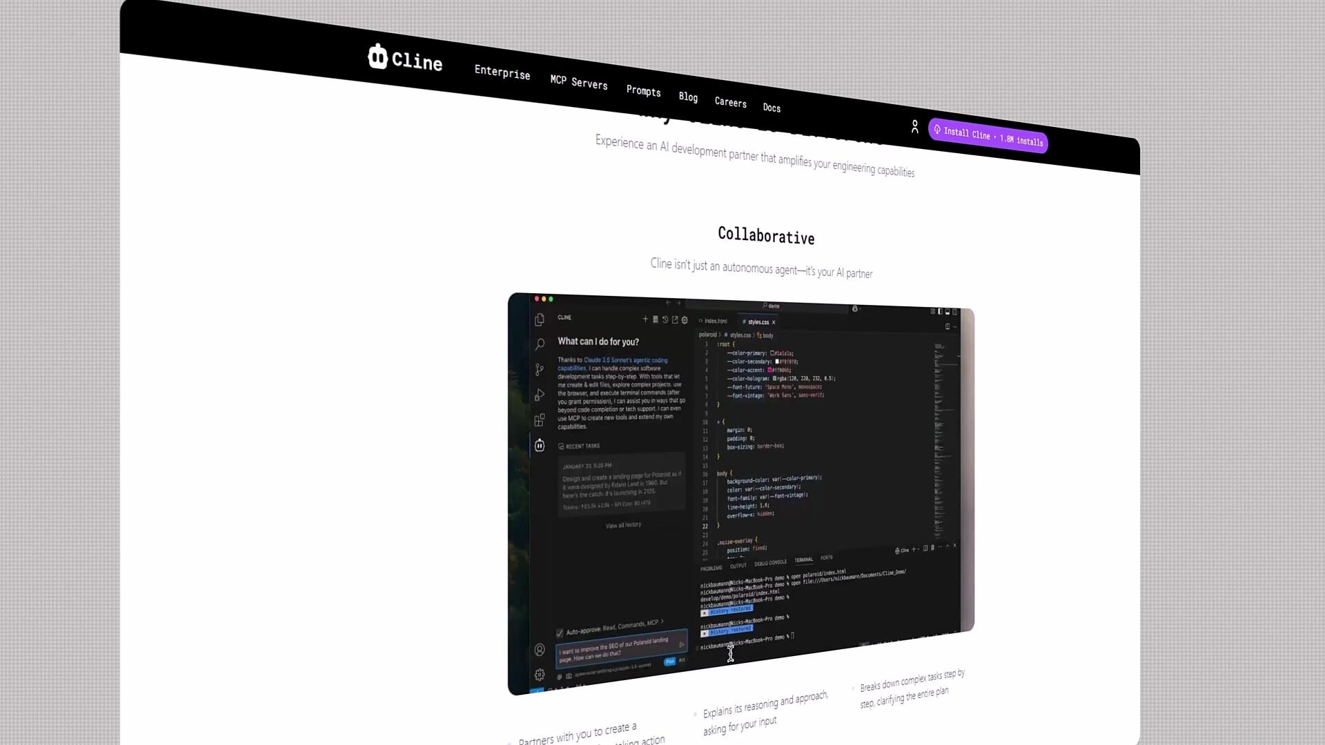 A webpage screenshot for "Cline" with a black top navigation bar and the heading "Collaborative." The central content shows a dark-themed code editor window displaying code and a sidebar.
