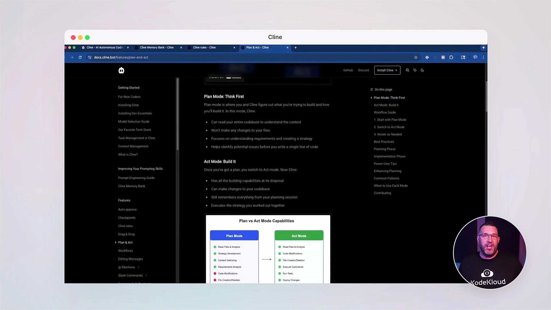 A screenshot of a browser open to dark-themed documentation explaining "Plan Mode" and "Act Mode," with a left navigation pane and content in the center. A small circular video overlay of a presenter appears in the bottom-right corner.