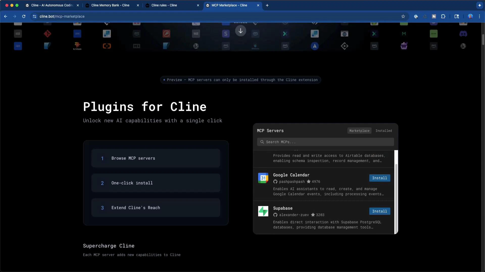 A dark-themed webpage titled "Plugins for Cline" with three step boxes outlining how to browse and install MCP servers. A right-hand marketplace panel lists plugins like Google Calendar and Supabase with "Install" buttons.