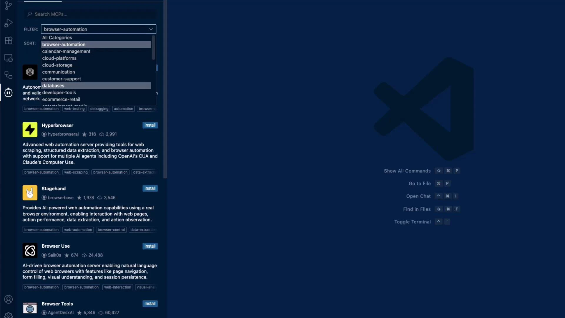 A screenshot of an IDE (Visual Studio Code) extensions pane filtered to "browser-automation," showing a list of extension entries like Hyperbrowser, Stagehand, and Browser Use. The right side shows a large VS Code logo and quick-command keyboard shortcuts.
