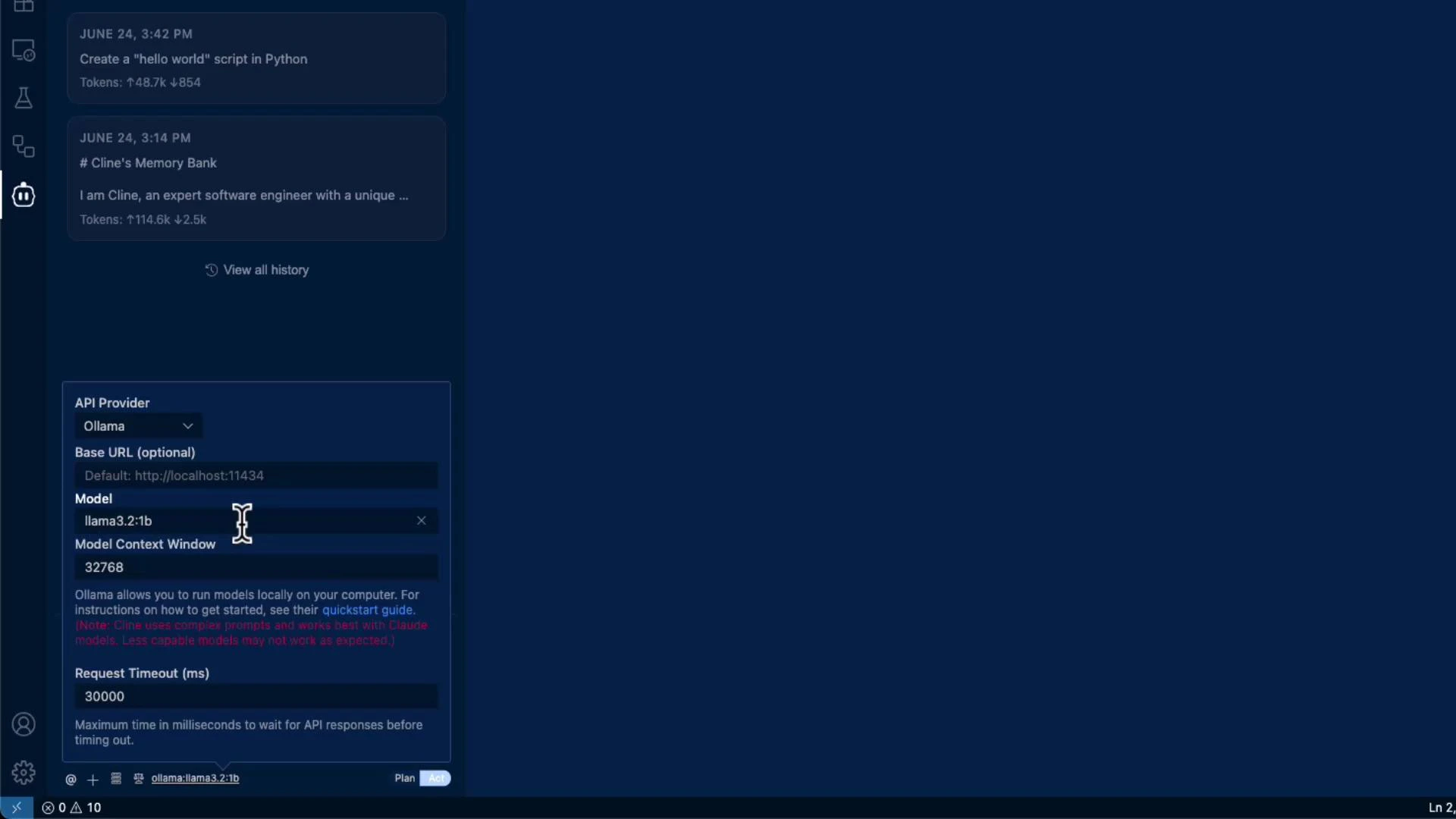 A dark-themed app screenshot showing a left sidebar with recent chat history and a settings pane. The settings show API configuration for "Ollama" with the model set to "llama3.2:1b" and other fields like base URL and request timeout.