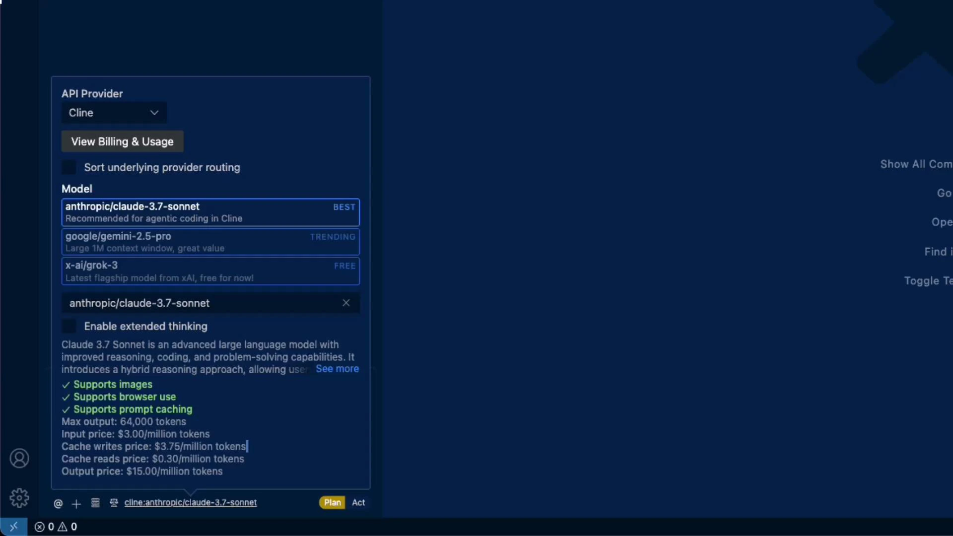 A dark-themed app settings panel showing API provider and model selection, with "anthropic/claude-3.7-sonnet" highlighted among options like google/gemini-2.5-pro and x-ai/grok-3. The pane also displays model features and token pricing details.