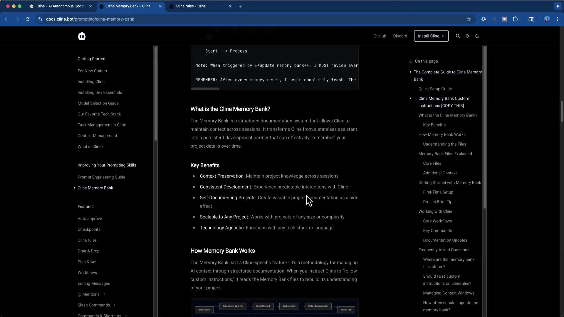 A screenshot of a dark-themed documentation webpage (docs.cline.bot) about the "Cline Memory Bank," showing left and right navigation sidebars and central content. The main text explains what the memory bank is and lists key benefits in bullet points.