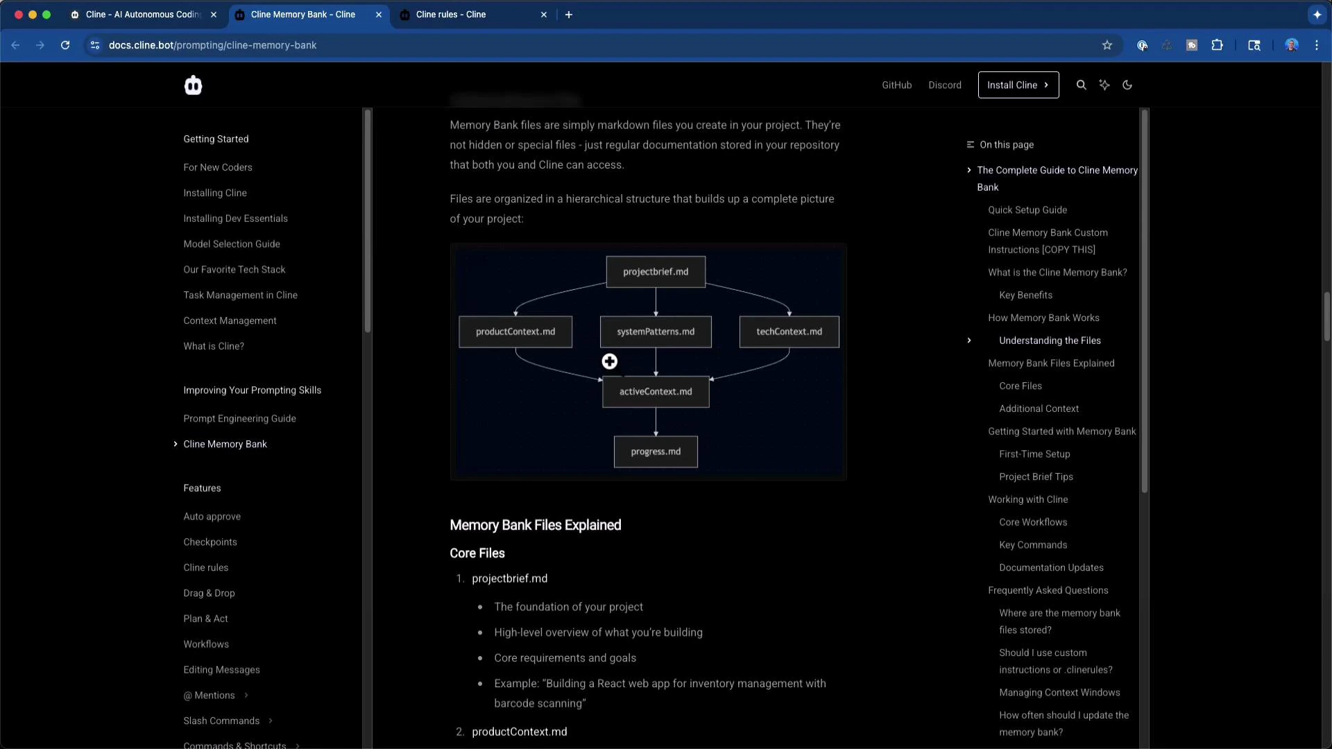 A dark-mode screenshot of a documentation webpage (docs.cline.bot) about the "Cline Memory Bank," showing a central flowchart diagram of markdown files. Left and right sidebars display navigation menus while the main content shows headings and bullet points explaining memory bank files.