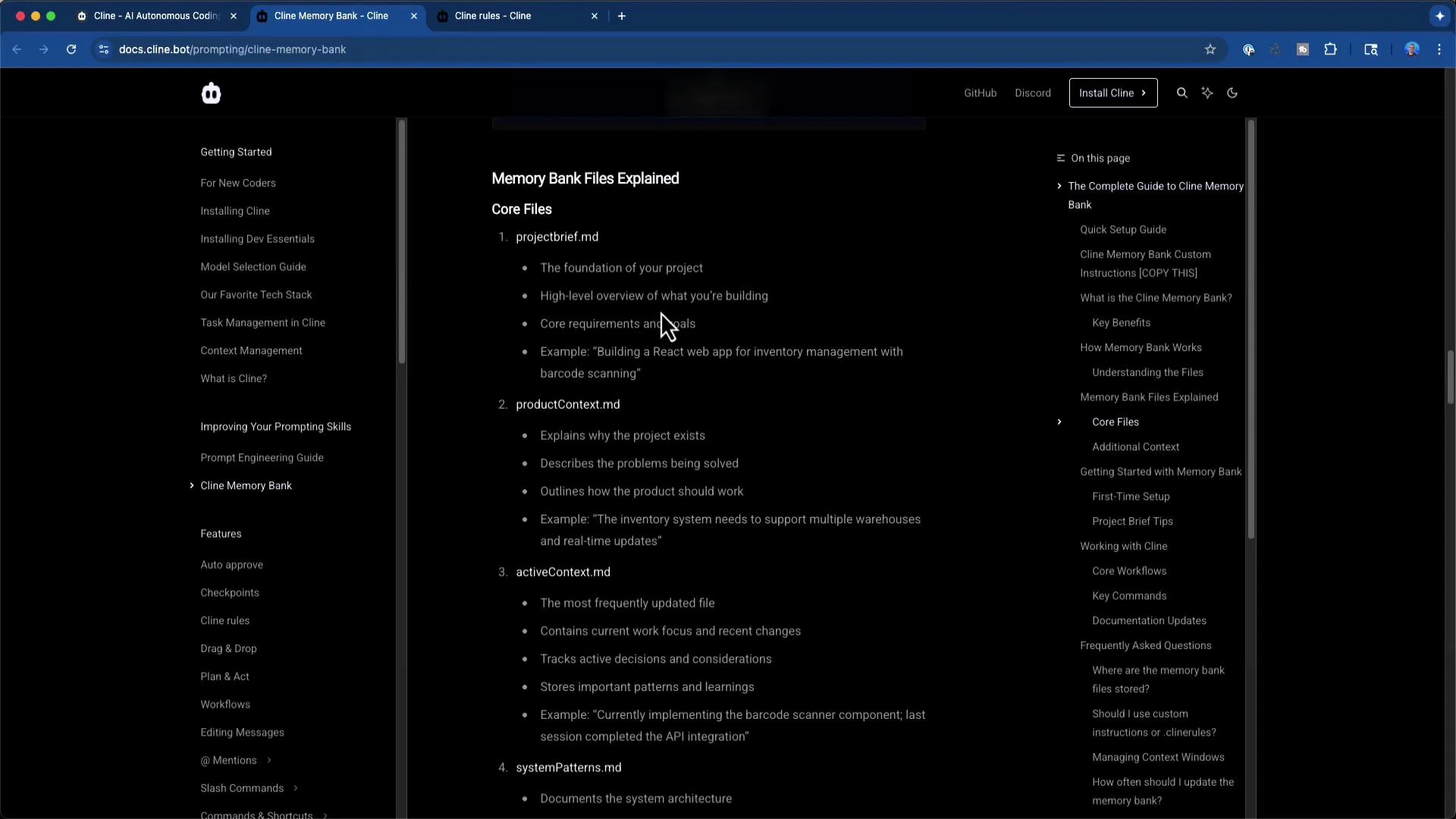 A dark-themed browser screenshot of documentation titled "Memory Bank Files Explained," showing a three-column layout with a left navigation menu, a central content area listing core files (e.g., projectbrief.md, productContext.md, activeContext.md), and a right-side table of contents.