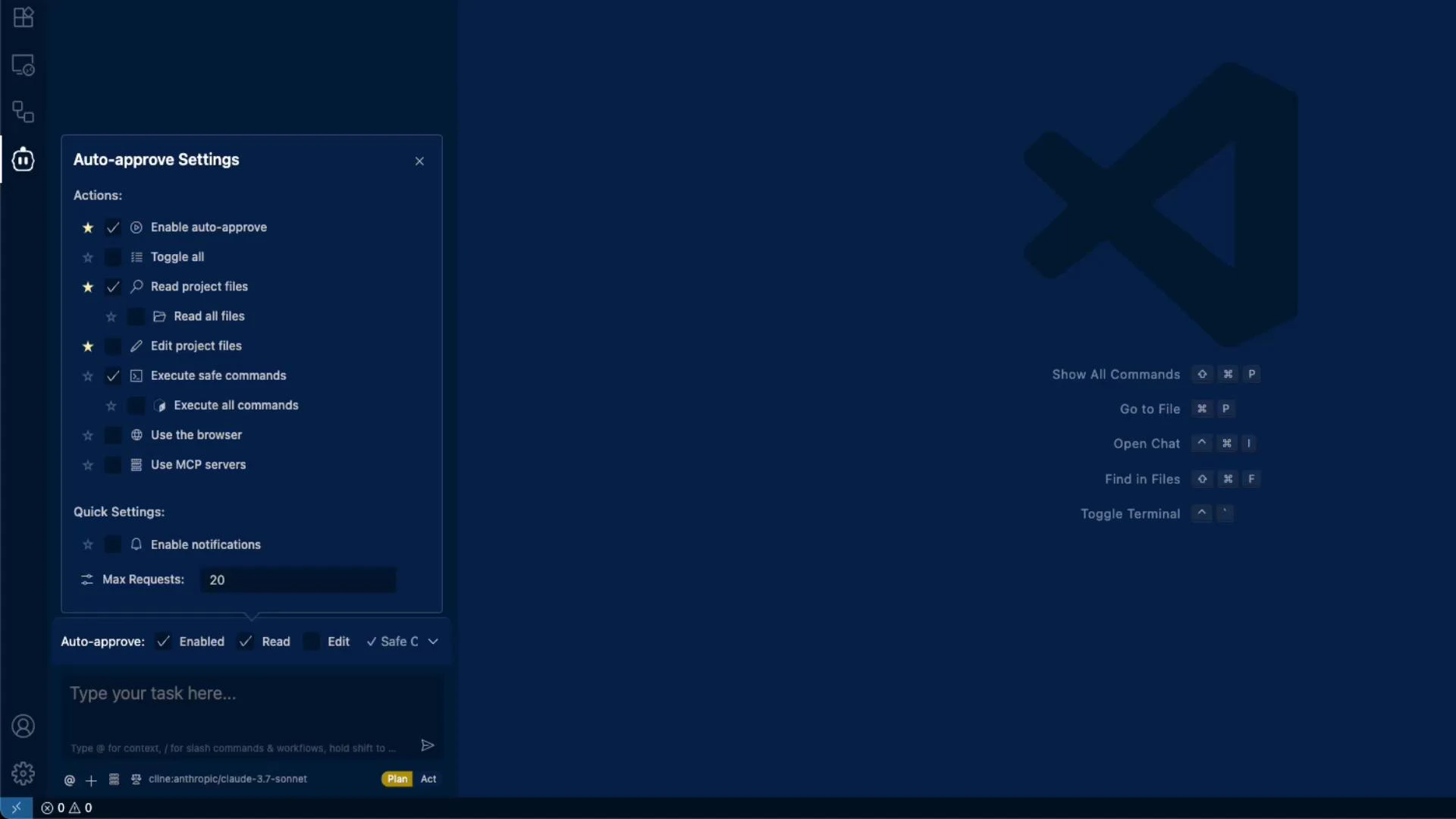 A dark-themed code editor window (looks like VS Code) with an "Auto-approve Settings" sidebar showing permission toggles and quick settings on the left, and a large editor logo with keyboard shortcut hints on the right.