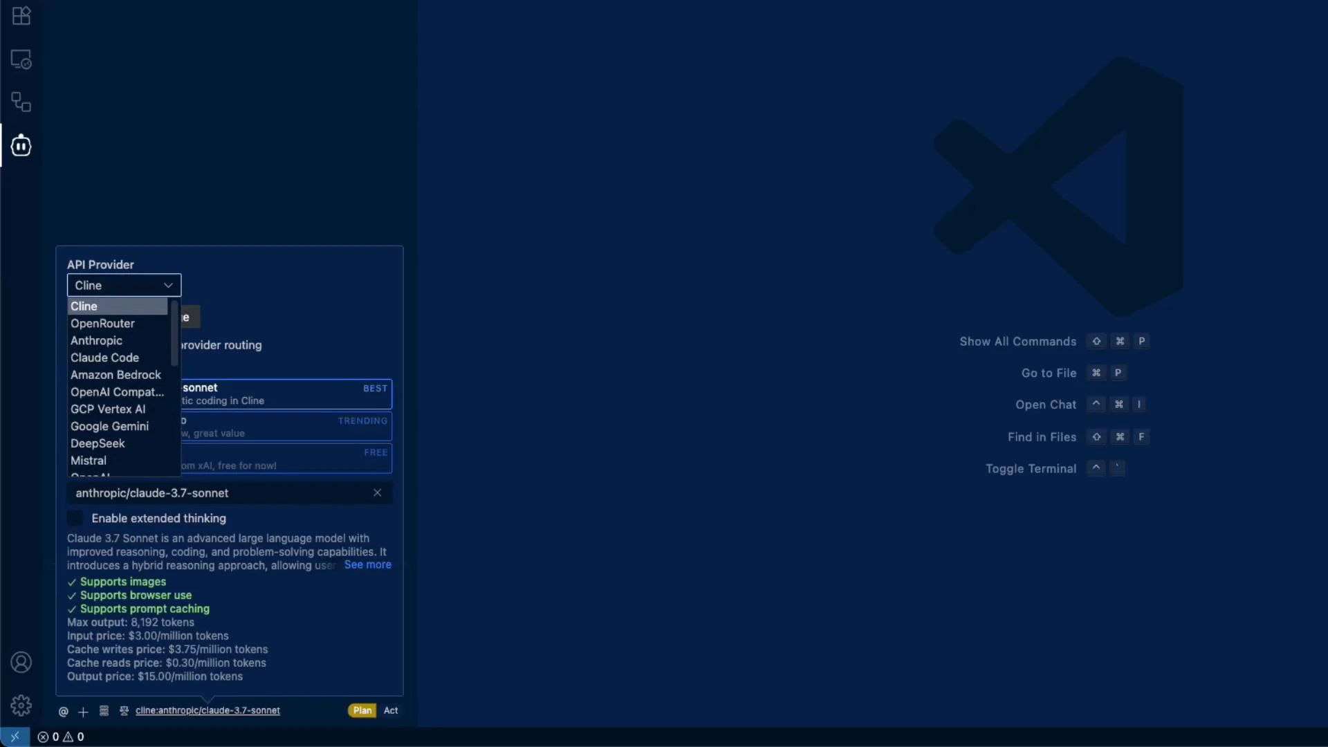 A dark-themed code editor UI with an "API Provider" dropdown open showing options like Cline, OpenRouter, Anthropic, Claude, and others. The right side shows a large editor logo and keyboard shortcut hints.