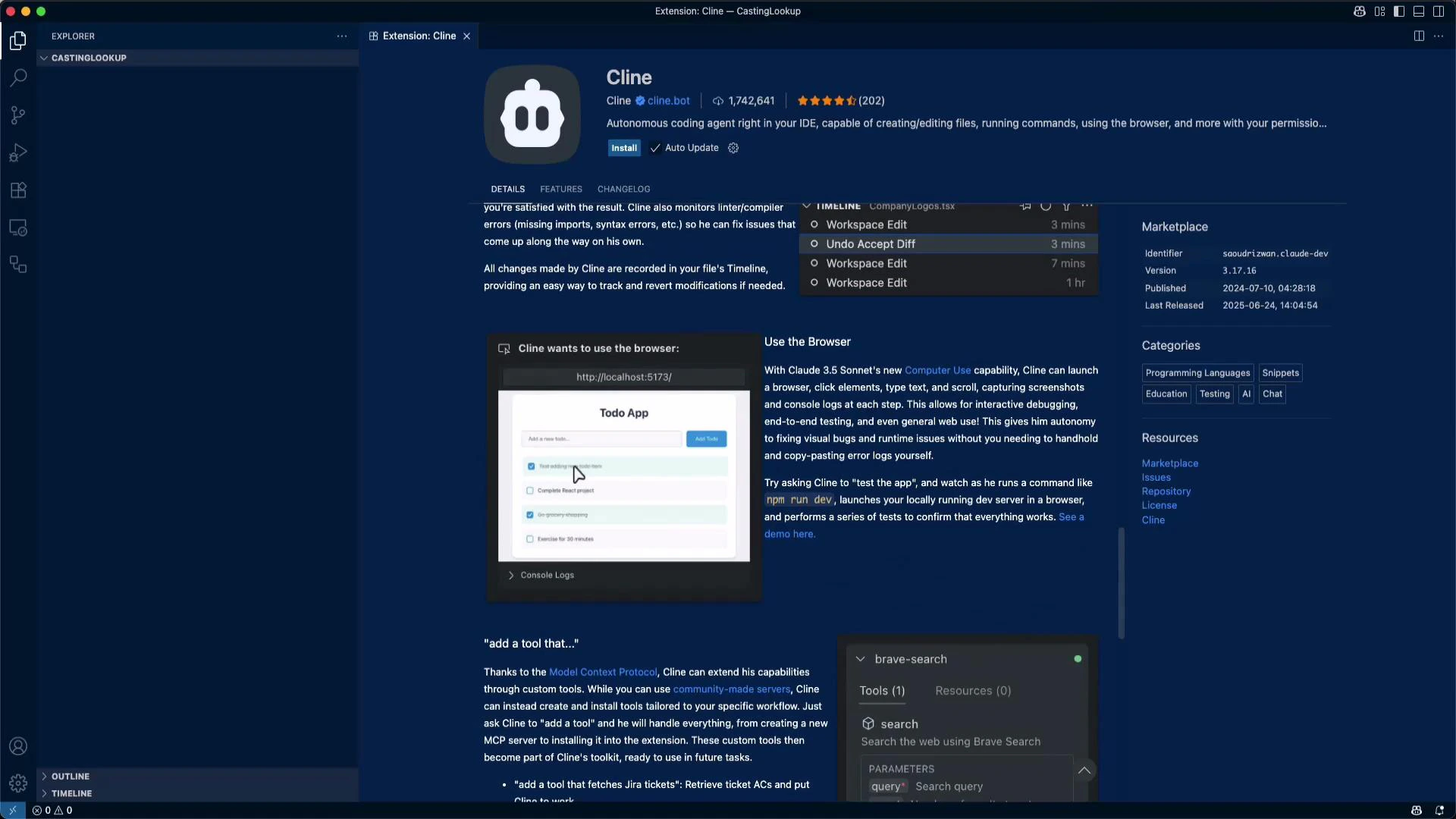 A dark-themed IDE window showing an extension page for "Cline" with its logo, description, screenshots, and marketplace details on the right. The left side shows an empty Explorer/sidebar and bottom panels like Outline and Timeline.