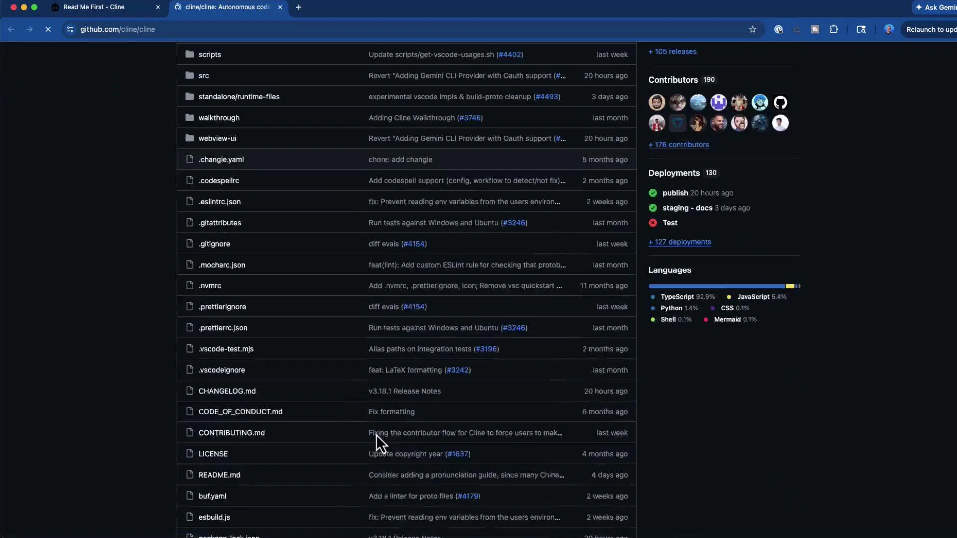 A dark-mode screenshot of a GitHub repository page showing a column of files and folders with recent commit messages. The right sidebar shows contributor avatars, deployment statuses, and language usage statistics.