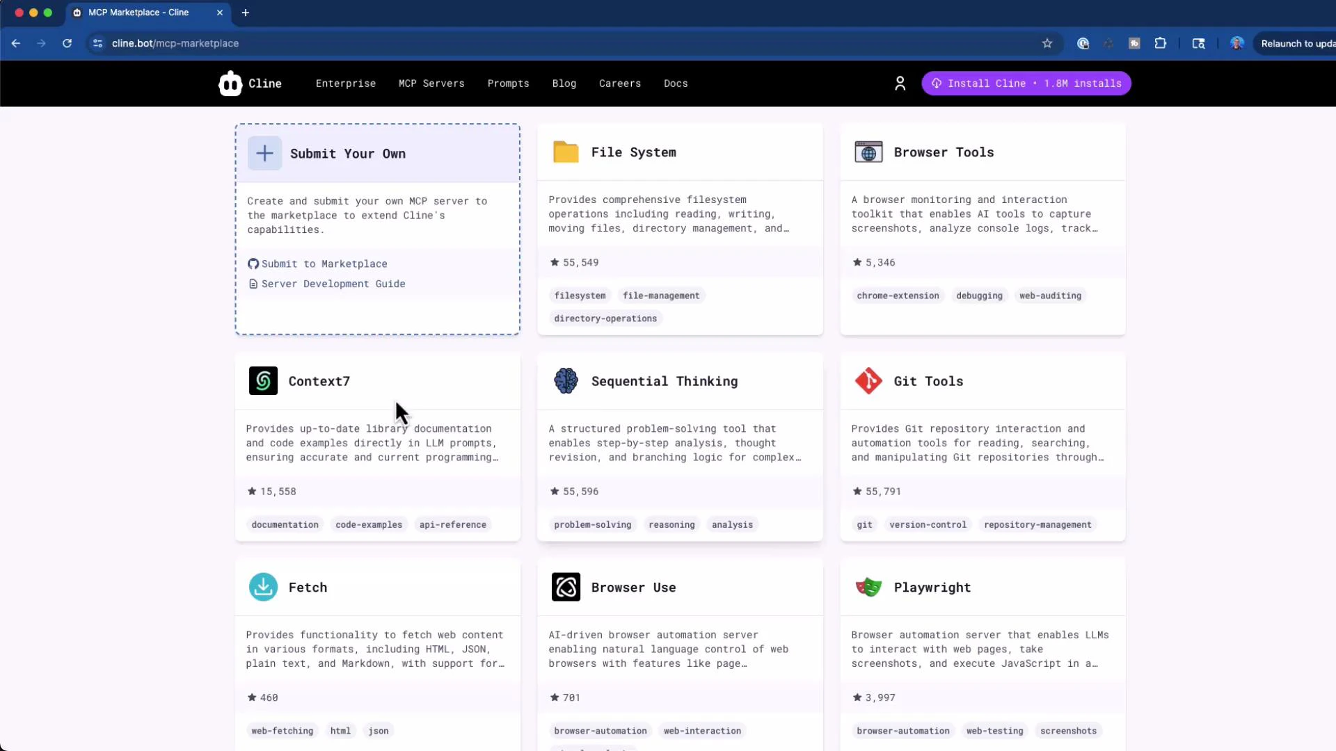 Screenshot of a web marketplace page (Cline MCP Marketplace) showing a grid of tool cards like File System, Browser Tools, Context7, Sequential Thinking, and Git Tools. Each card displays a short description, tags, and star counts.