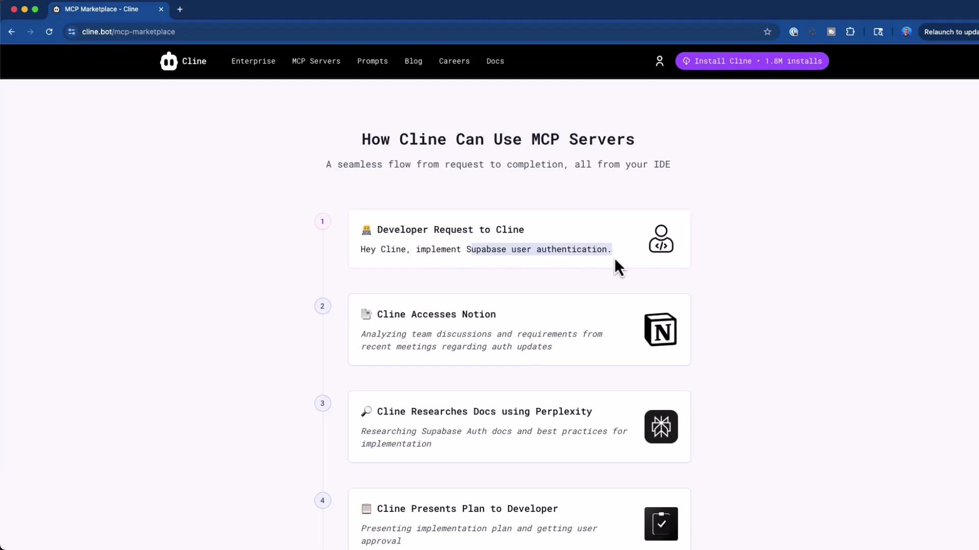 A screenshot of a web page titled "How Cline Can Use MCP Servers" showing a vertical, numbered workflow (developer request, accessing Notion, researching docs, presenting plan) with icons and short descriptions. The page appears to be part of a product/site that explains a seamless request-to-completion flow.