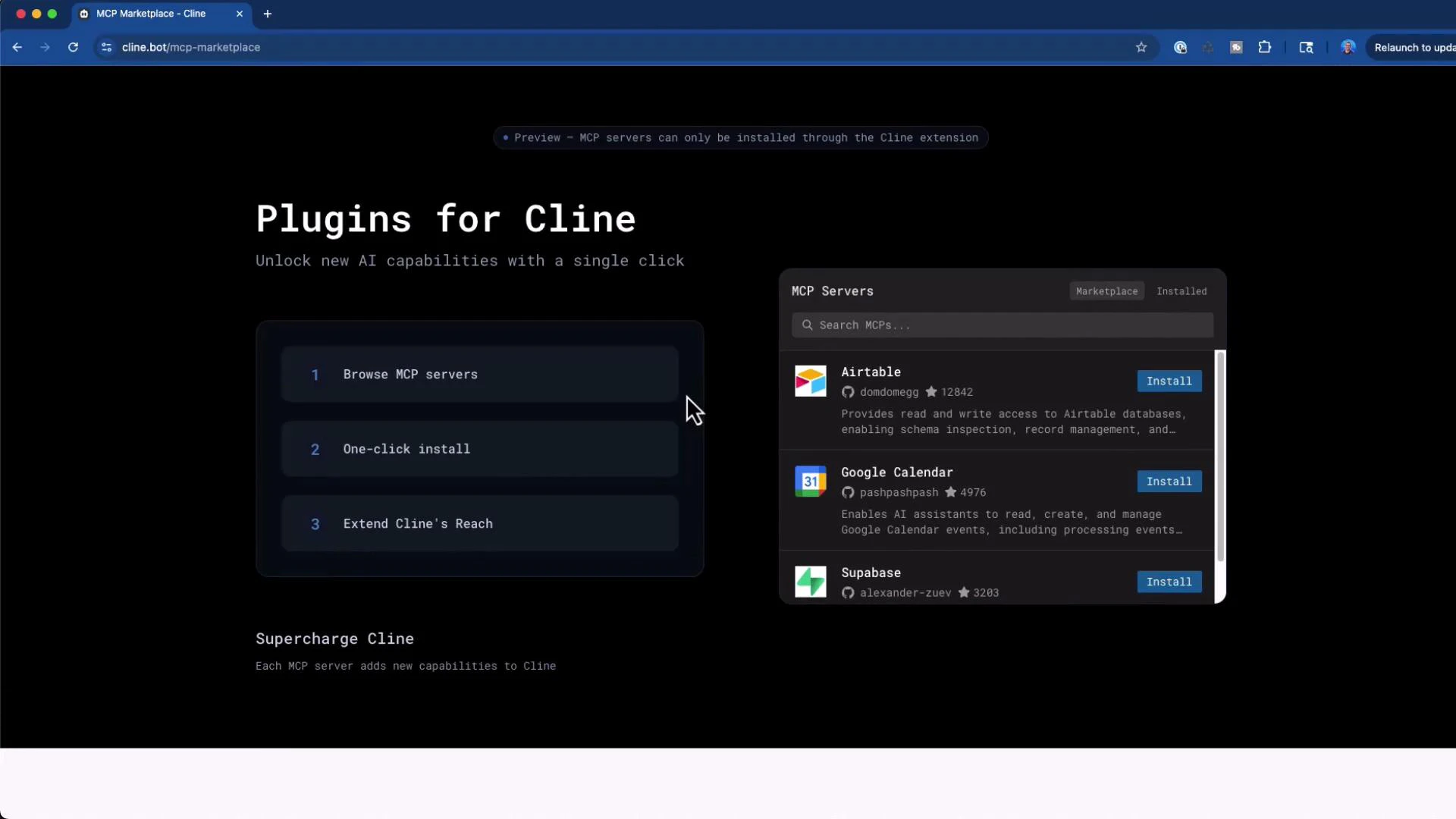 A dark-themed webpage screenshot titled "Plugins for Cline" showing steps to browse and one-click install MCP servers on the left and a plugin marketplace panel on the right listing integrations like Airtable, Google Calendar, and Supabase with "Install" buttons.