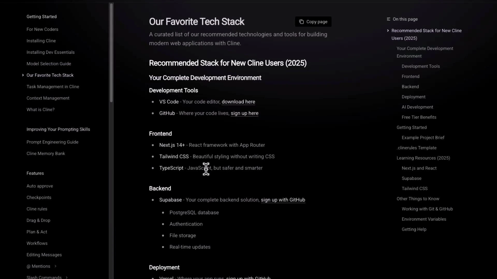 A dark-themed documentation webpage titled "Our Favorite Tech Stack" showing a recommended development stack for new Cline users (2025), listing tools like VS Code, GitHub, Next.js, Tailwind, TypeScript, and Supabase. The layout has a left navigation menu, main content in the center, and a right-side table of contents.