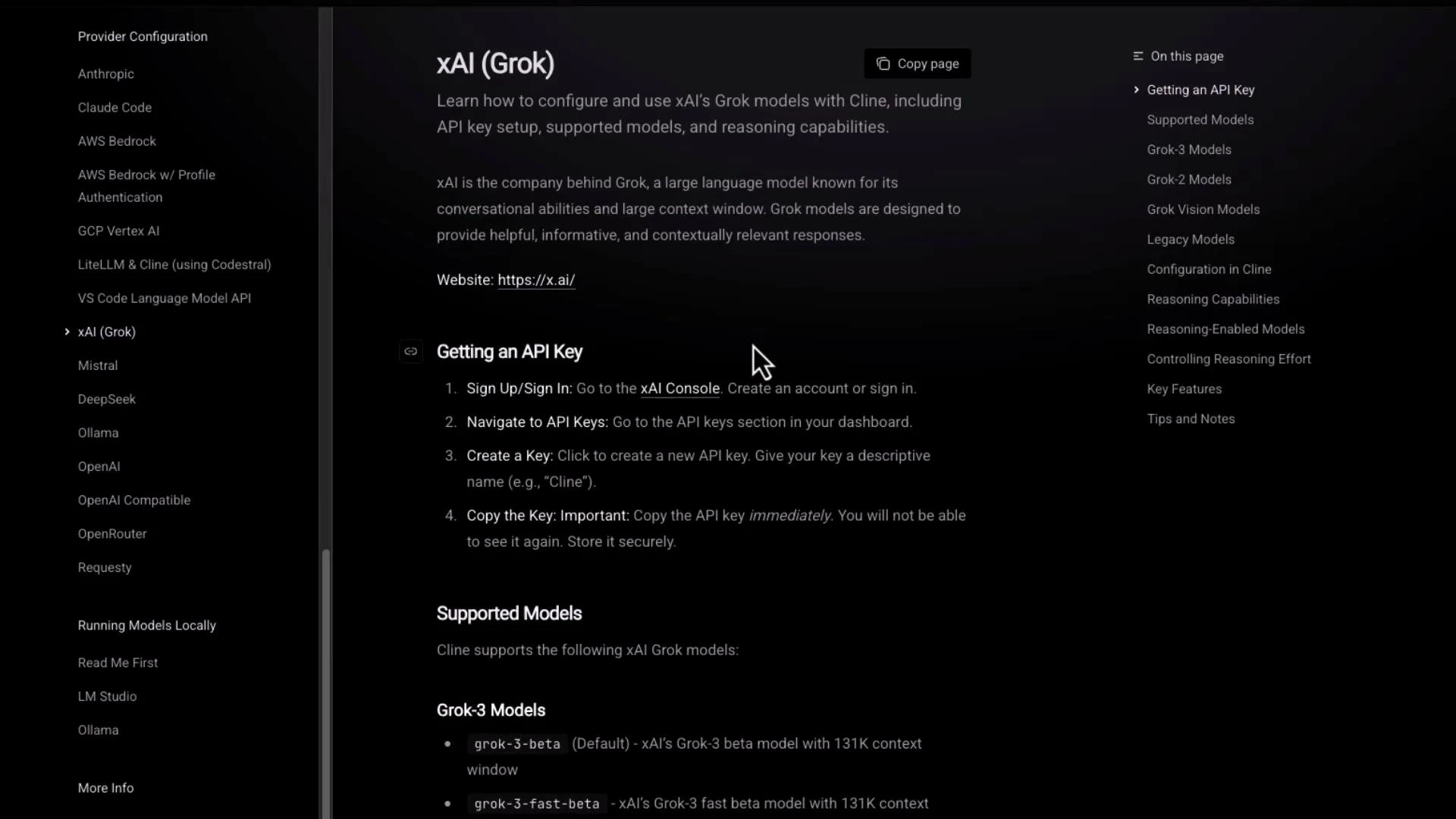 A dark-themed documentation webpage for xAI (Grok), showing a left navigation menu and a right-side table of contents. The main content displays "Getting an API Key" steps and a list of supported Grok models.