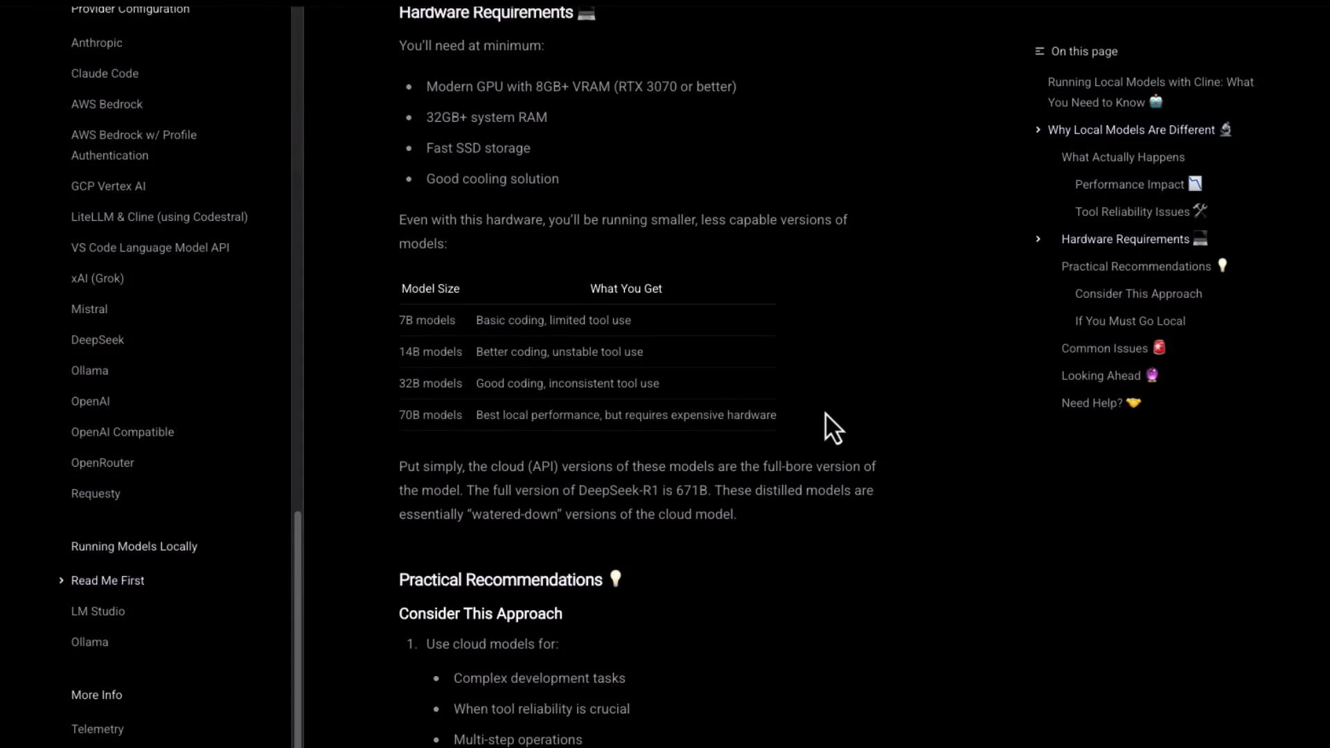 A dark-themed documentation page titled "Hardware Requirements" listing recommended GPU, RAM, SSD and cooling, plus a table comparing model sizes (7B, 14B, 32B, 70B) and their capabilities. The screenshot also shows left and right navigation panels for the docs.
