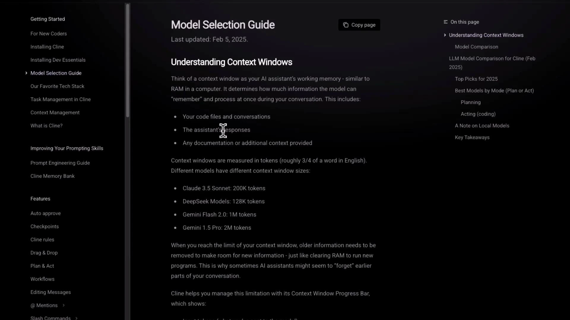 A dark-themed webpage or documentation titled "Model Selection Guide" showing a section on "Understanding Context Windows" with explanatory text and a left navigation menu of other topics. The page lists context window sizes for various AI models and includes a right-hand table of contents.