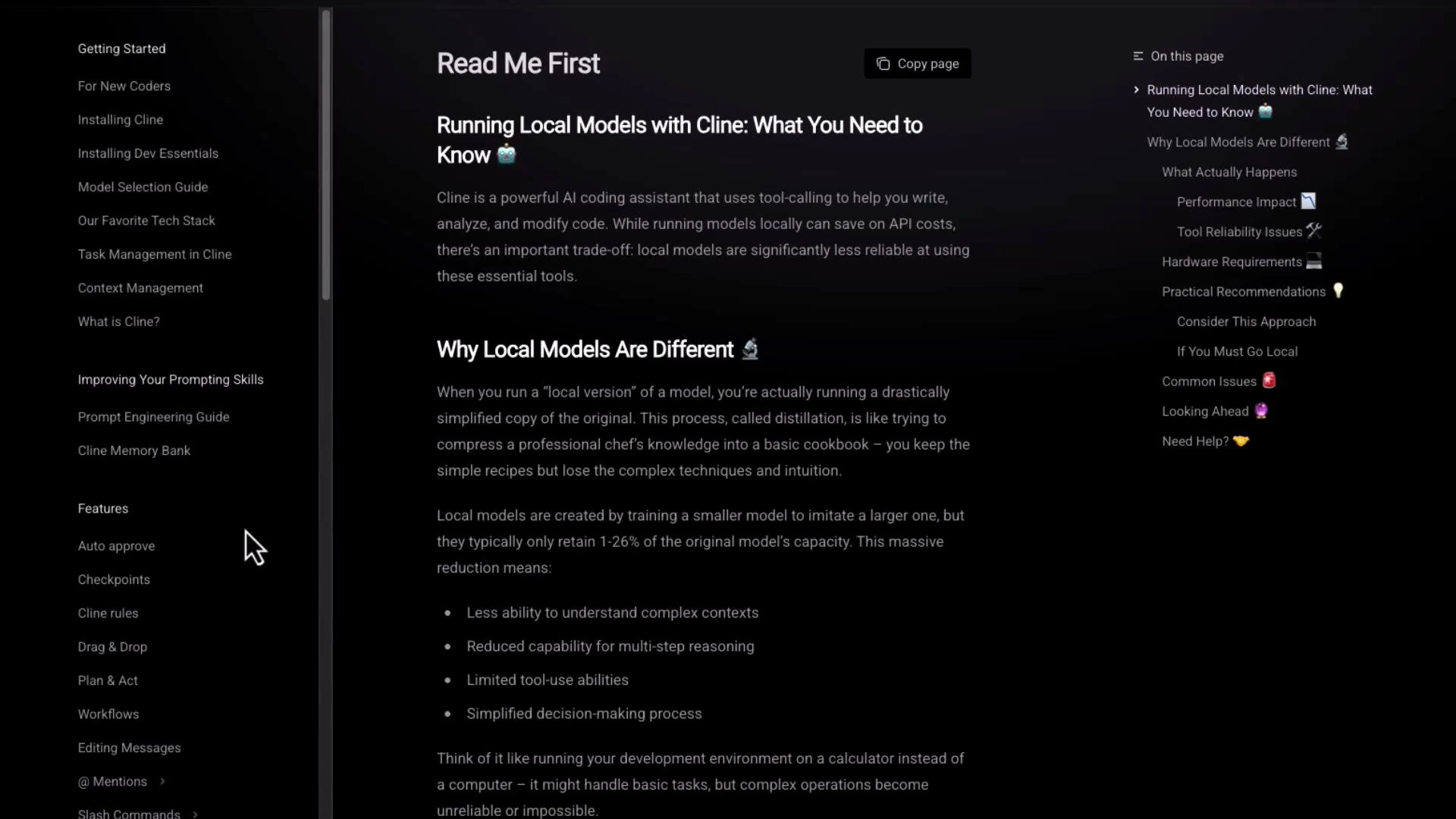 A dark-themed documentation webpage screenshot titled "Read Me First" and "Running Local Models with Cline: What You Need to Know," showing explanatory text about why local models are different with a bulleted list. Navigation menus appear in a left sidebar and a page outline on the right.